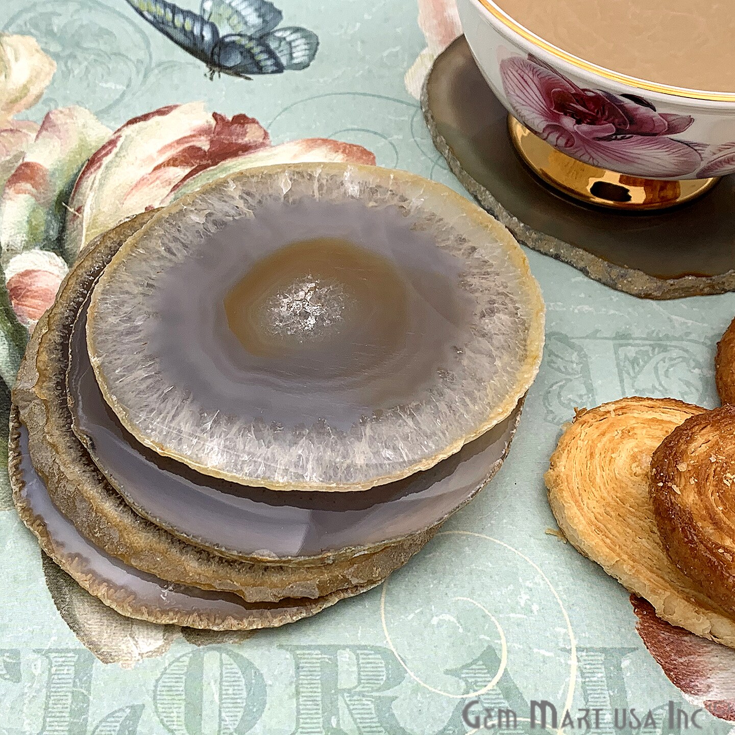 Natural Agate Coasters, Drinkware Coasters, Electroplated Agate Slice Home Décor, Agate Canvas, GemMartUSA (NACO)