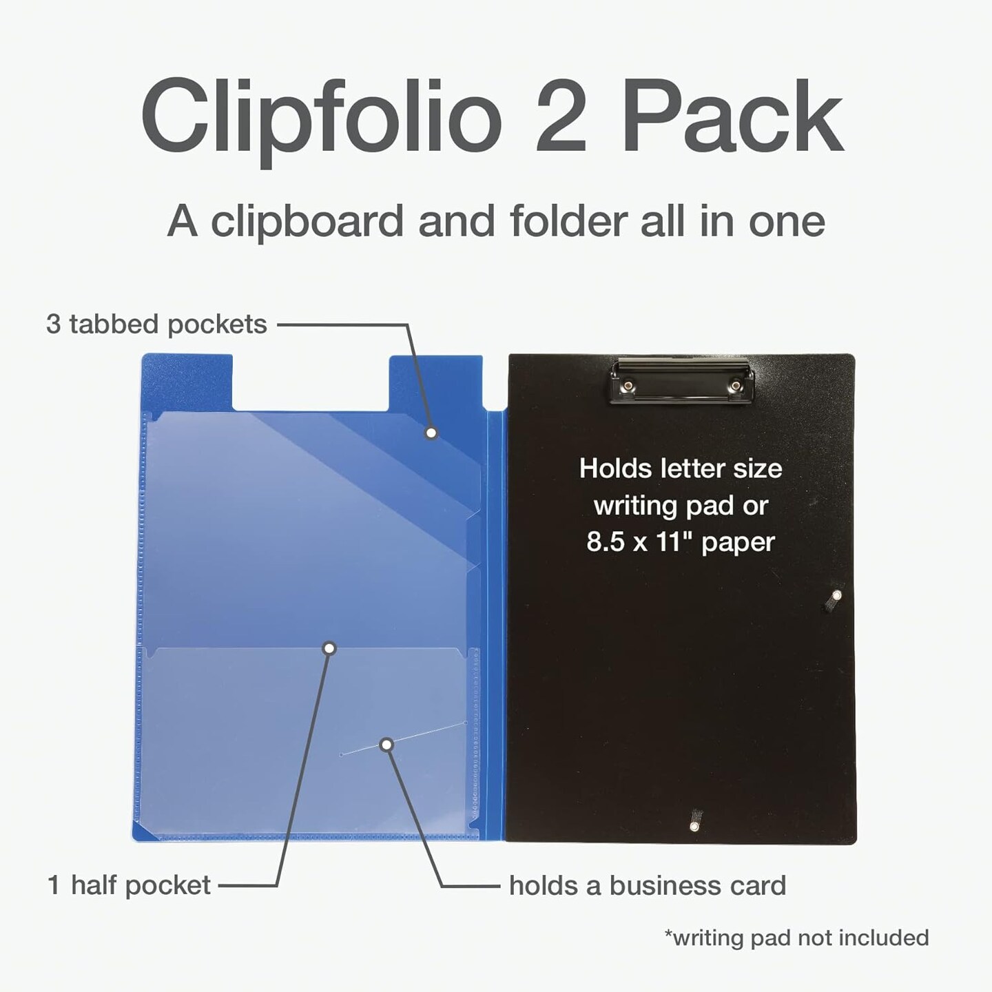 2-Pack Clipboard Folio with Storage – 4 Pockets & Pen Holder, Gray/Black & Blue/Black