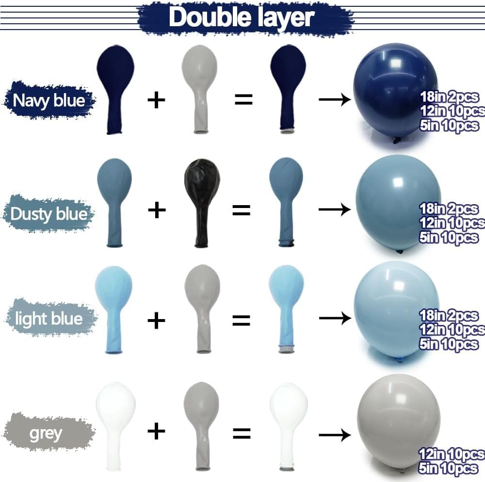 Navy Balloon Arch Kit - Double Stuffed Dusty Pastel Blue Garland Dark Light Blue Grey Latex Balloons for Baby Bridal Shower Birthday Wedding Graduation Party Decoration