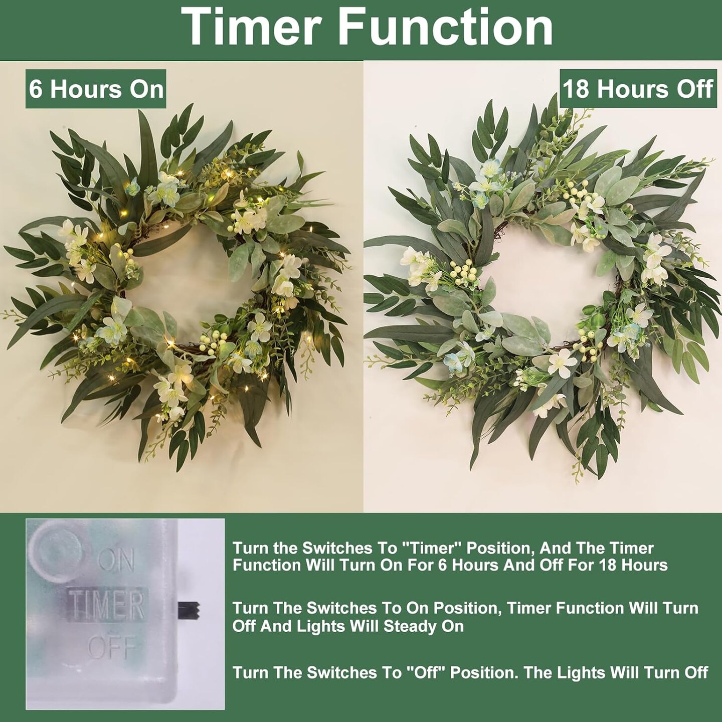 4 Inch Lambs Ear Spring Wreaths for Front Door Year Round Outside, Artificial Spring Summer Easter Floral Wreath with Timer Lights, Eucalyptus Berries &#x26; Orchids, Green Handmade Farmhouse Home Decor