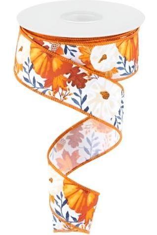 1.5&#x22; Pumpkin Foliage Ribbon: White/Navy (10 Yards)
