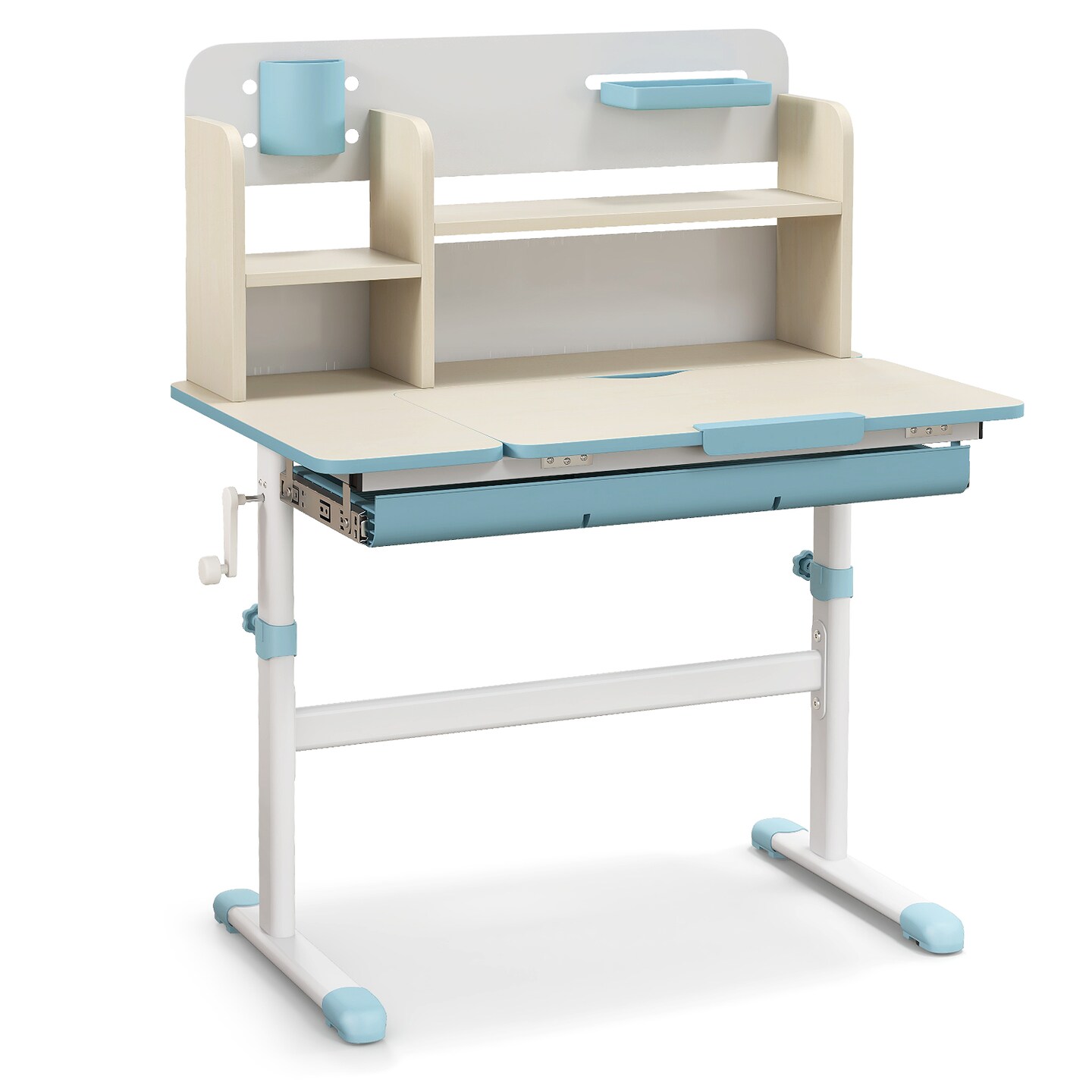 Blue Kids Height Adjustable Study Desk with Multilayer Open Shelves and Tiltable Desktop
