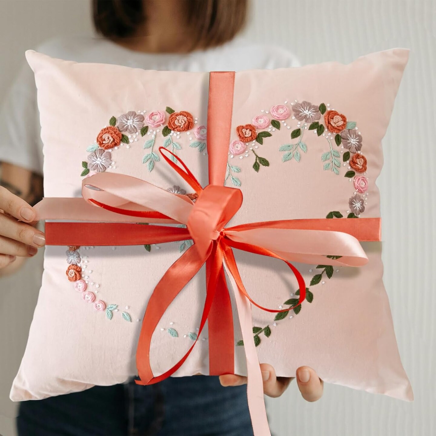 Crewel Pillow Case Embroidery Kit Heart Shaped Loving You Floral Stamped Pattern Kits