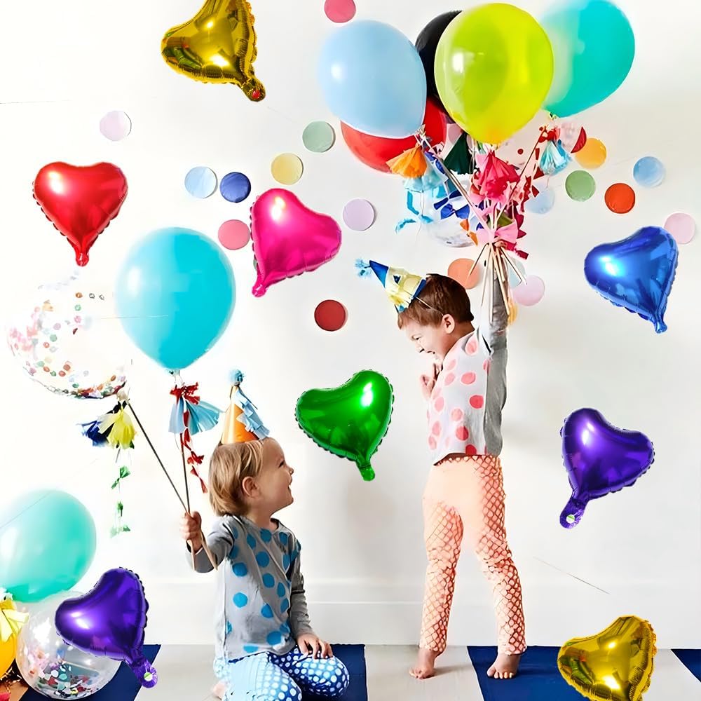 30-Pack 10in Small Heart Foil Balloons – Red, Gold, Green, Blue, Rose & Purple for Wedding, Party & Birthday Decor