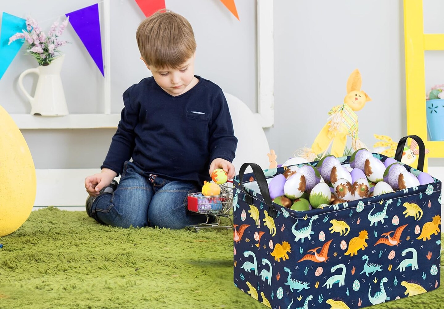 Easter Storage Basket 14.9x10.2x9.8 Inch - Foldable Bunny Decor Organizer