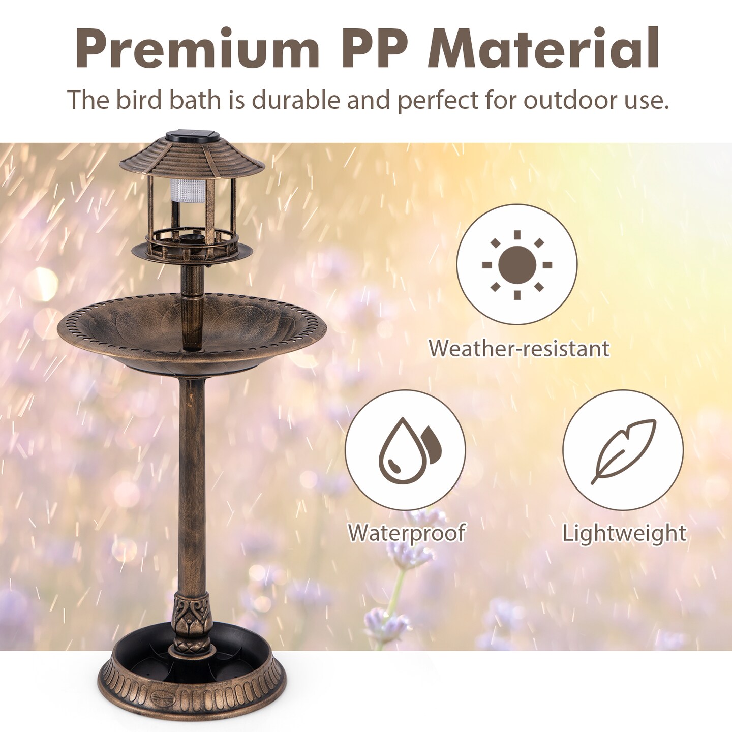 PP Solar Bird Bath Feeder Planter with LED Light and Vintage Design