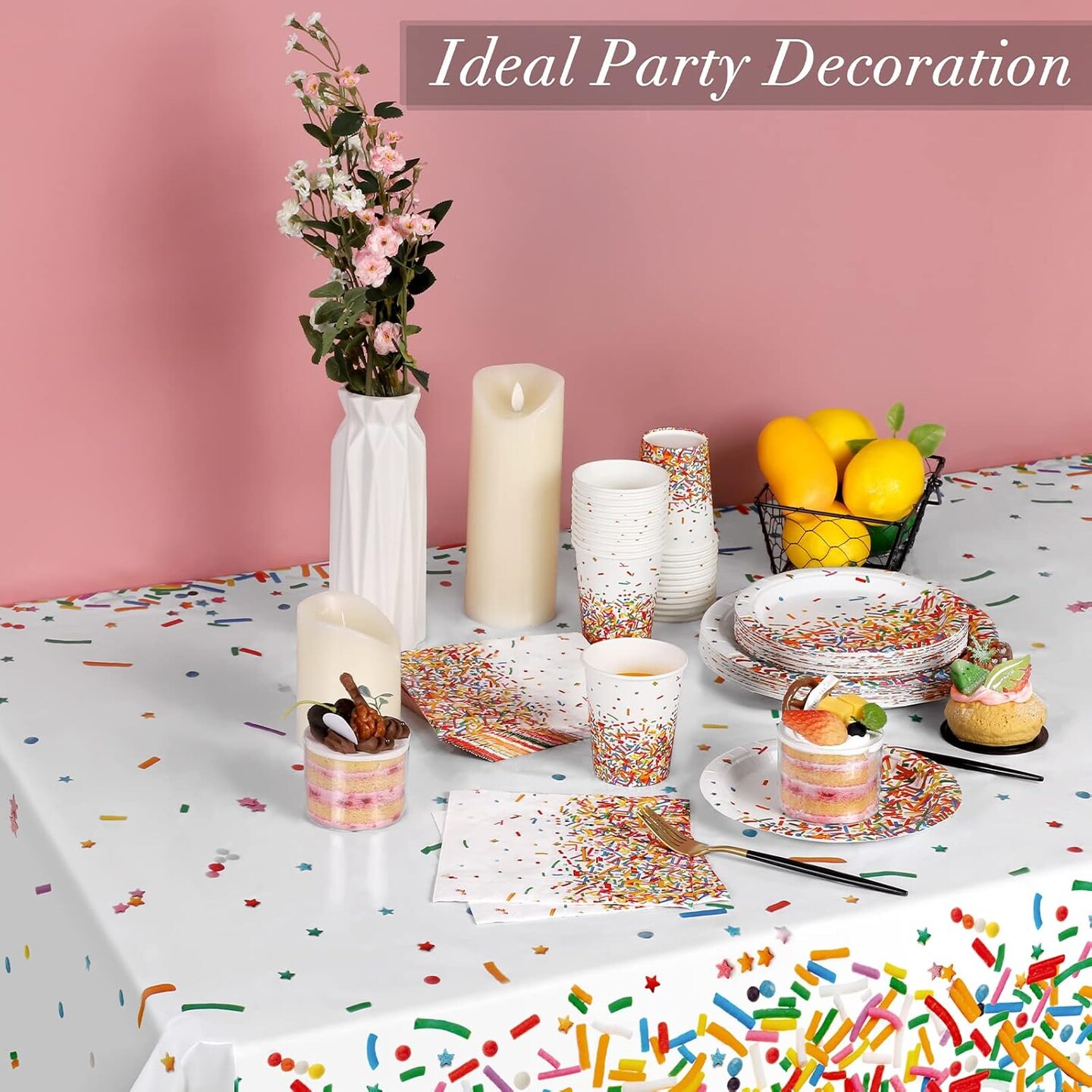 97 Pieces Confetti Sprinkles Tableware Set Disposable Tablecloth Paper Cups Dessert Plates Beverage Napkins for Party Decorations Wedding Birthday Party Favors