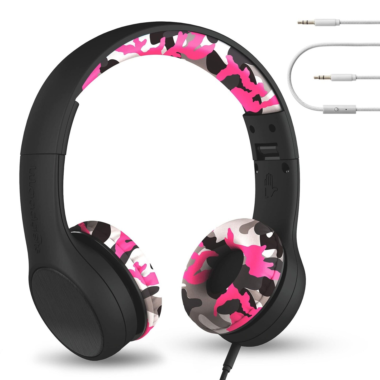 LilGadgets Connect+ Style On-Ear Kids Headphones with Microphone - SharePort Technology, SoftTouch Padding, Detachable Cable, Noise Reduction, Durable &#x26; Adjustable - Pink Camo