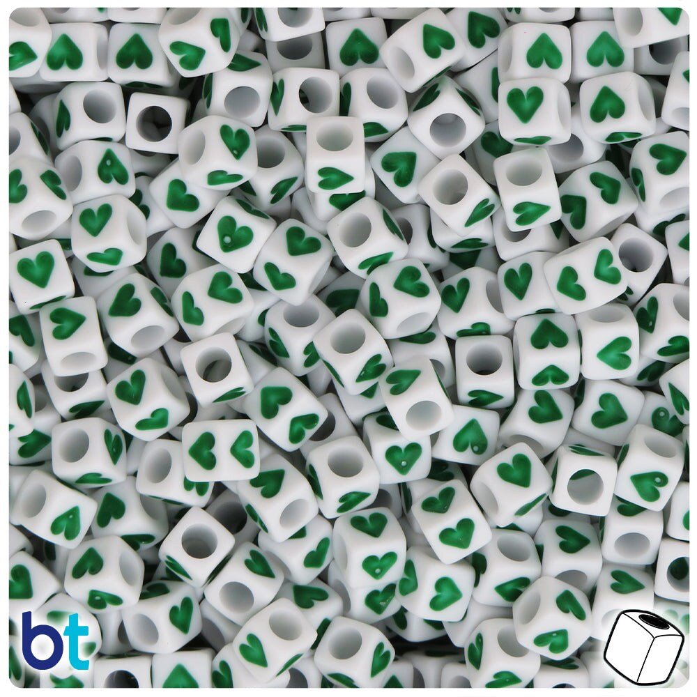 BeadTin White Opaque 6mm Cube Plastic Alpha Beads - Green Hearts (200pcs)