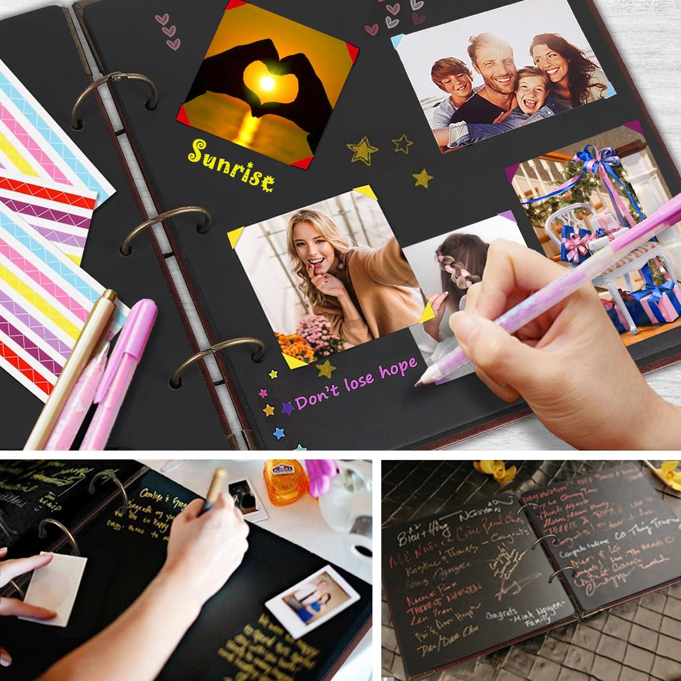 Photo Album Scrapbook, 50 Pages Vintage Leather Cover Big Three-Ring Binder Love Picture Booth DIY Scrapbooking Albums with Self Adhesive Photos Corners for Memory Keep