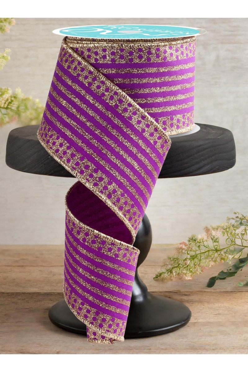 2.5&#x22; Vertical Stripe Polka Dot Edge Ribbon: Purple/Gold