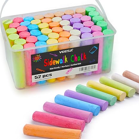 VEESA Sidewalk Chalk, 10 Colors in 52 Pcs, 4” x 1” - Washable Jumbo Driveway Chalk Bulk for kids Adults, Draw on Chalkboard, Blackboard and Outdoor Playground