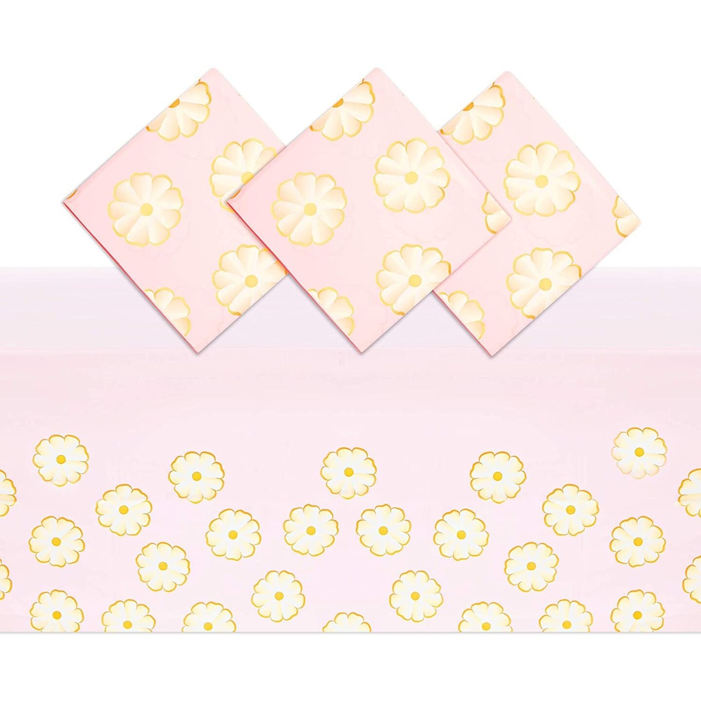 Pink Daisy Plastic Tablecloth for Weddings, Baby Showers (54 x 108 in, 3 Pack)