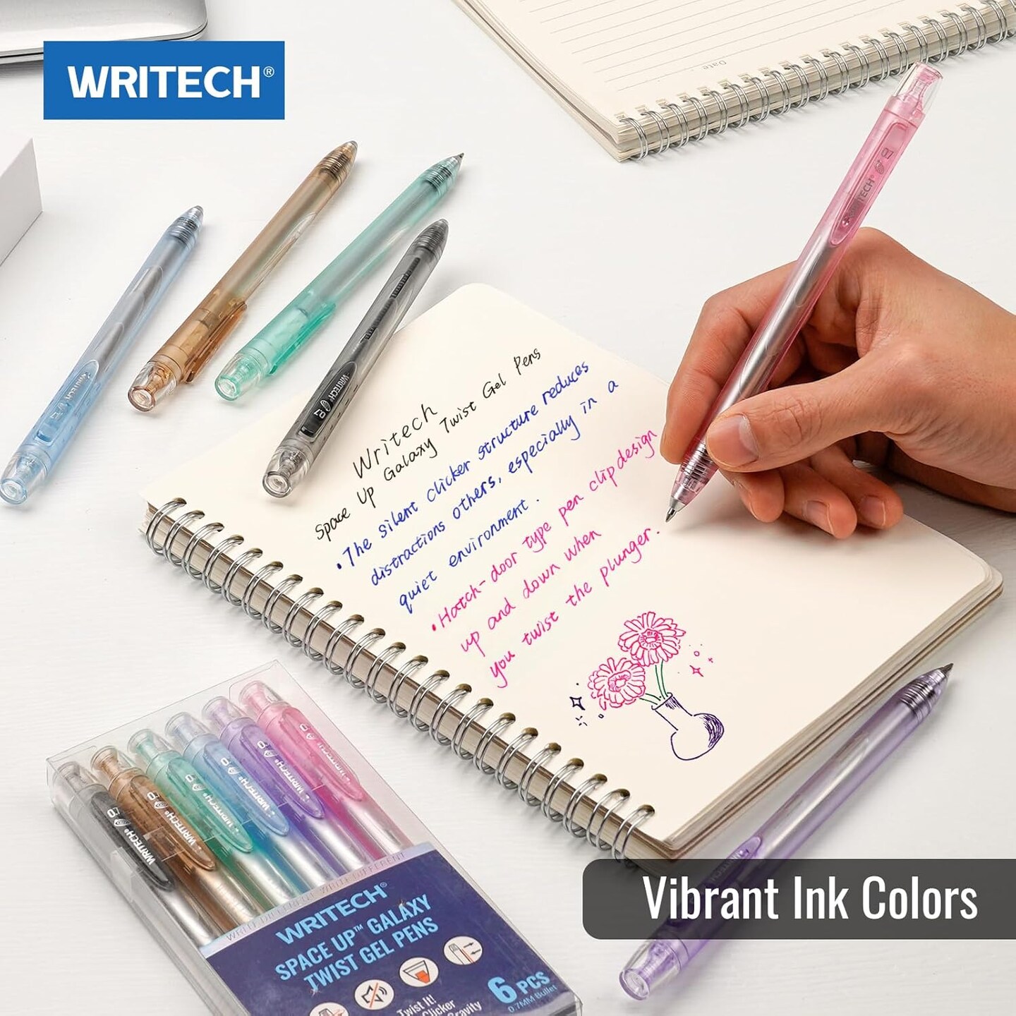 Twist Gel Ink Pens: Multicolor Medium Point 0.7mm 6ct Low Center of Gravity Rotatable Pen No Smear Silent Click Space Up Gel Galaxy