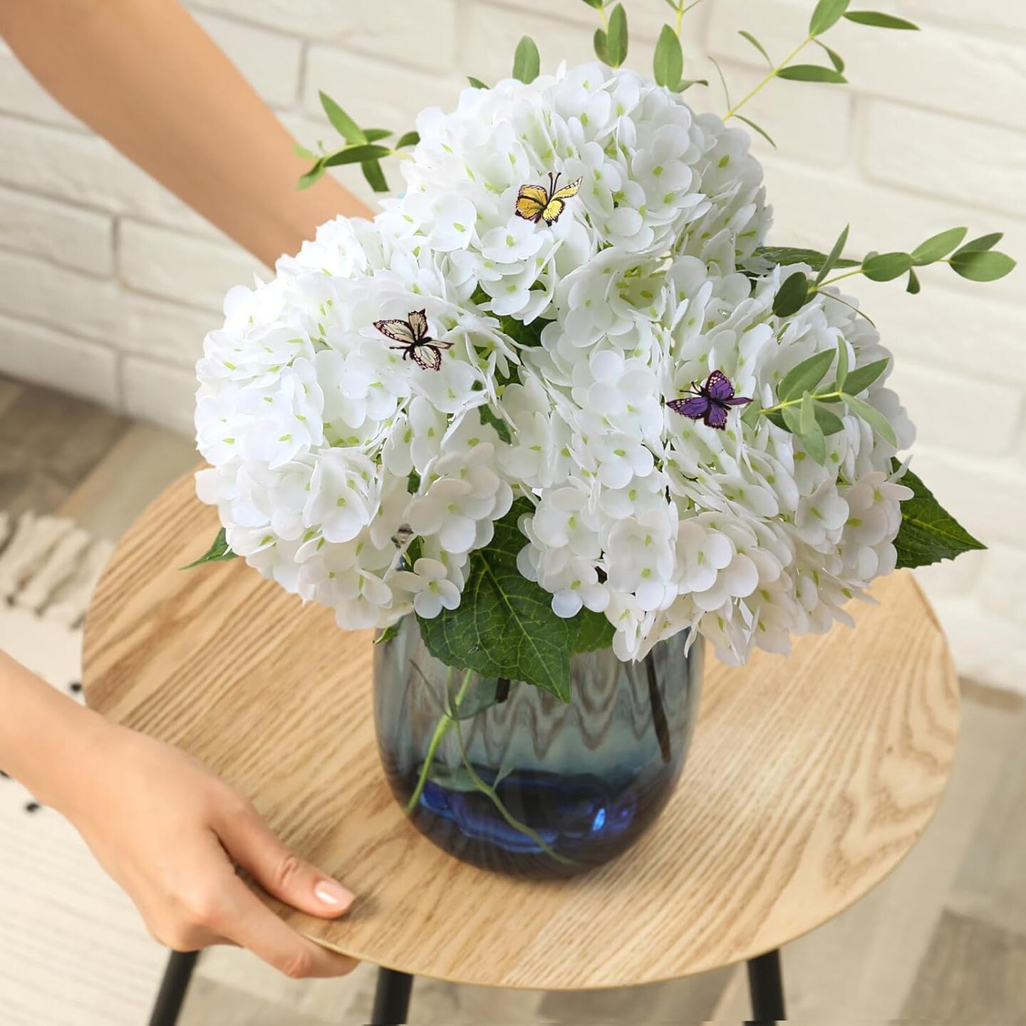 3 PCS White Hydrangea Artificial Flowers,Real Touch Faux Hydrangea Flowers and 3 PCS Butterflies for Hydrangea Decor,Floral Arrangements for Centerpiece Table Decorations,Home Decor,Funeral Flowers, Spring Flowers
