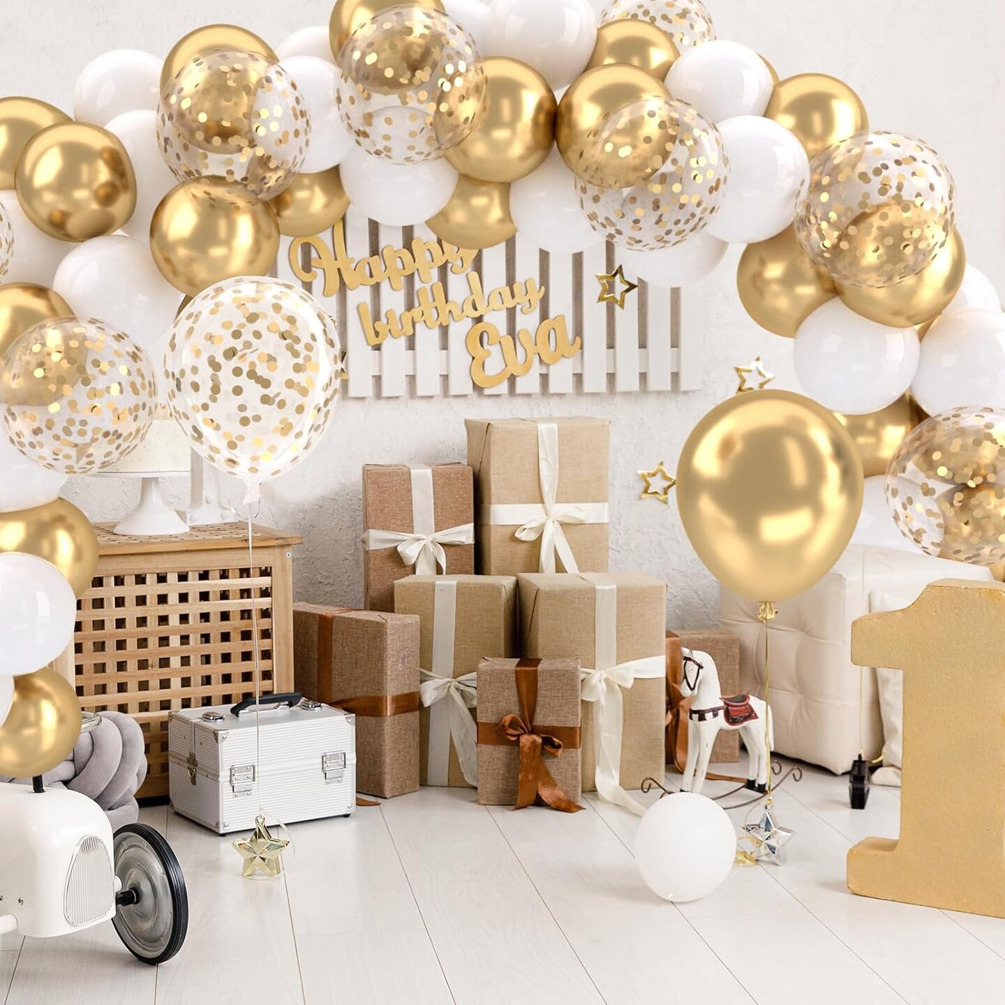 White and Gold Balloons Set, 50 pcs 12 inch Metallic Gold White Gold Confetti Latex Balloons