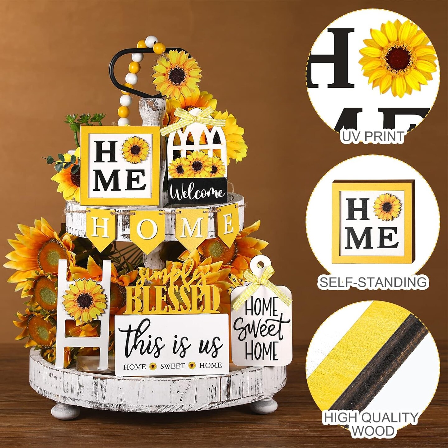 11PCS Sunflower Farmhouse Tiered Tray Decor – Rustic Wooden Tabletop & Shelf Signs