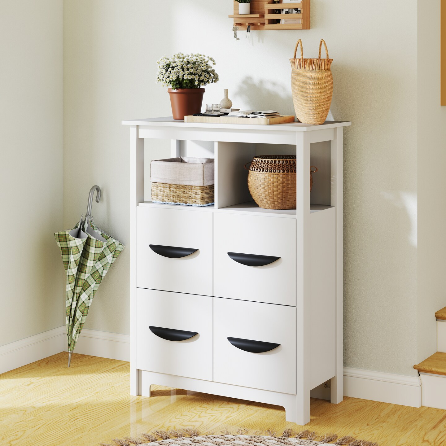 White MDF Storage Cabinet with 2 Drawers and 2 Open Compartments