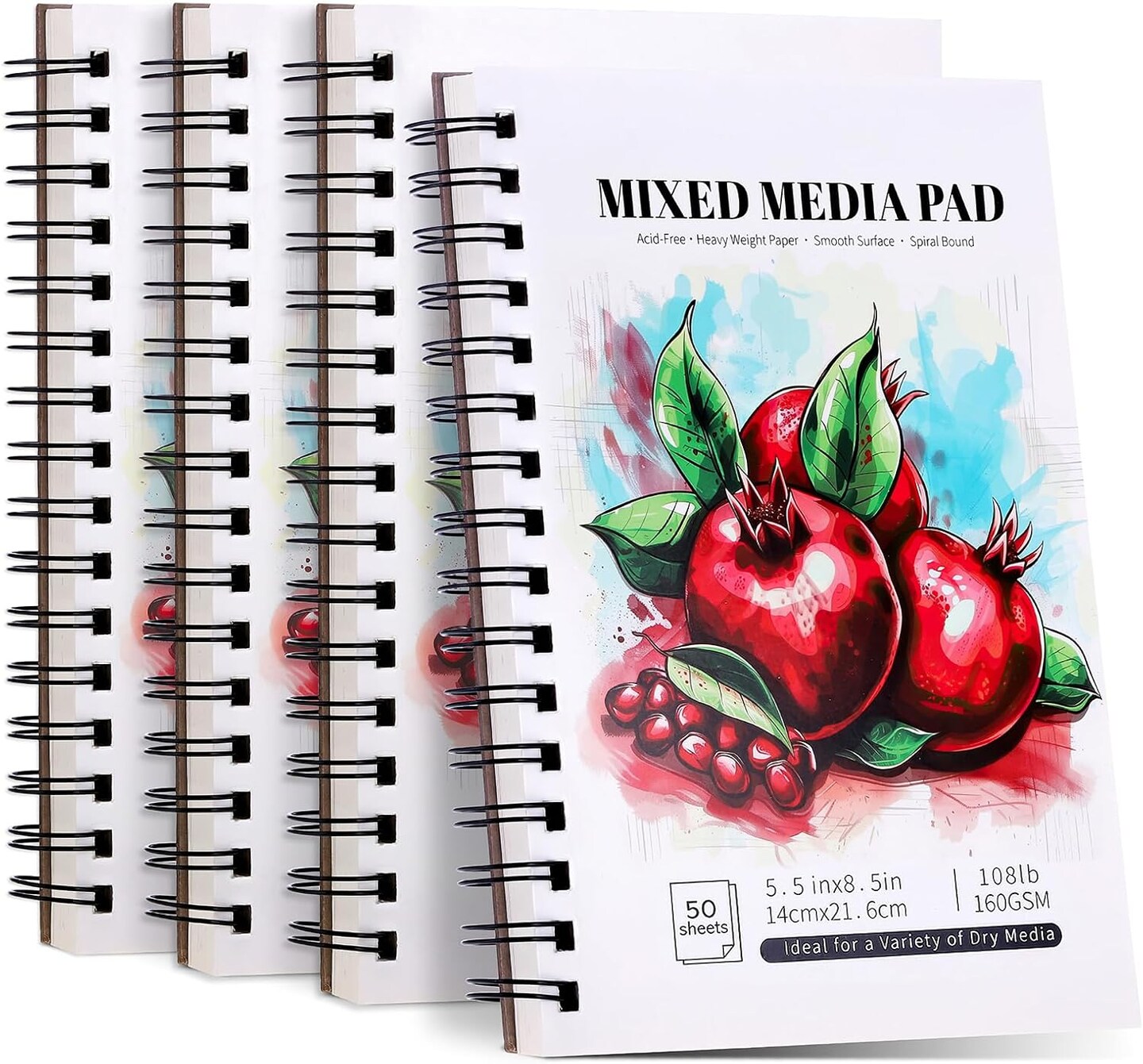4 Pack Sketchbook, 5.5x8.5 inches Drawing Paper Sketch Book, 98lb/160gsm Heavyweight Spiral Bound Sketch Pads, Suitable for Wet and Dry Media, Drawing, Painting, Sketching(200 Sheets)