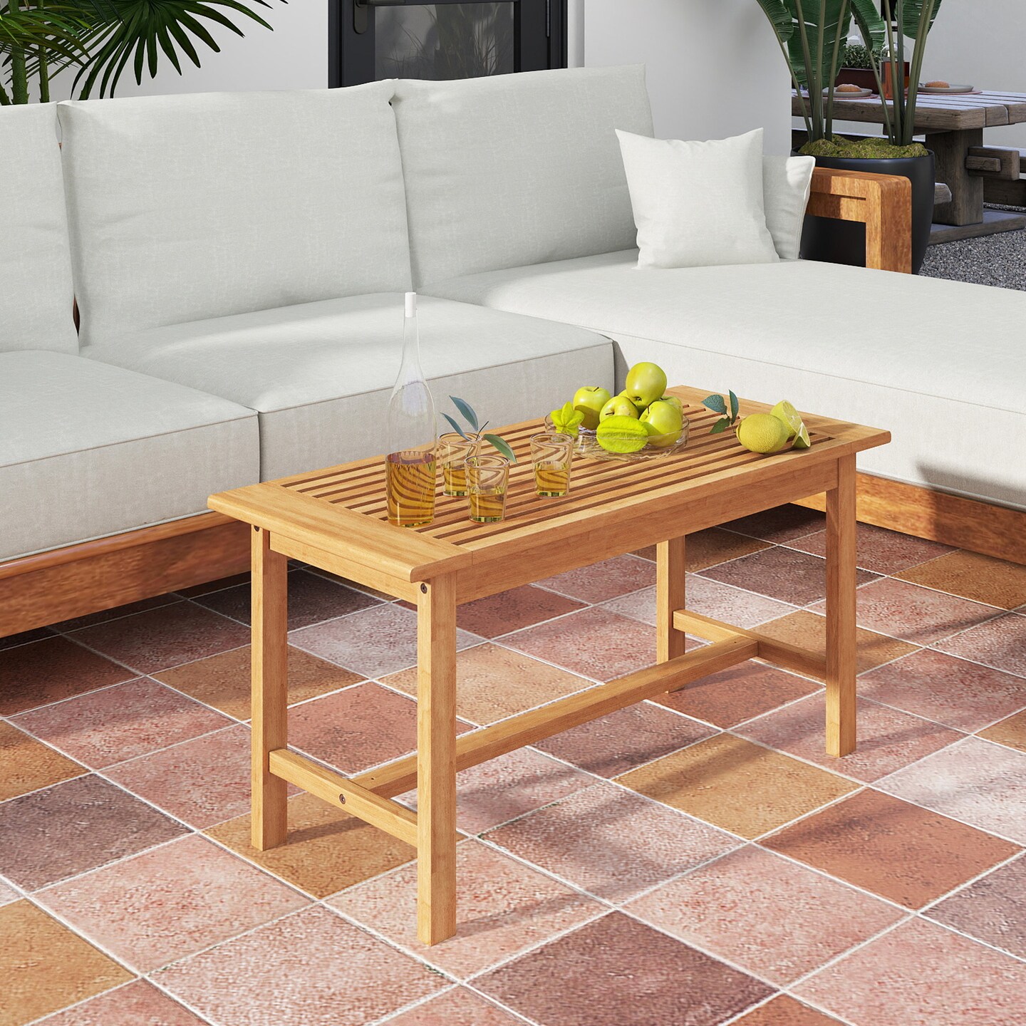Natural Teak Wood Coffee Table with Slatted Top, Cross Structure and Outdoor Use