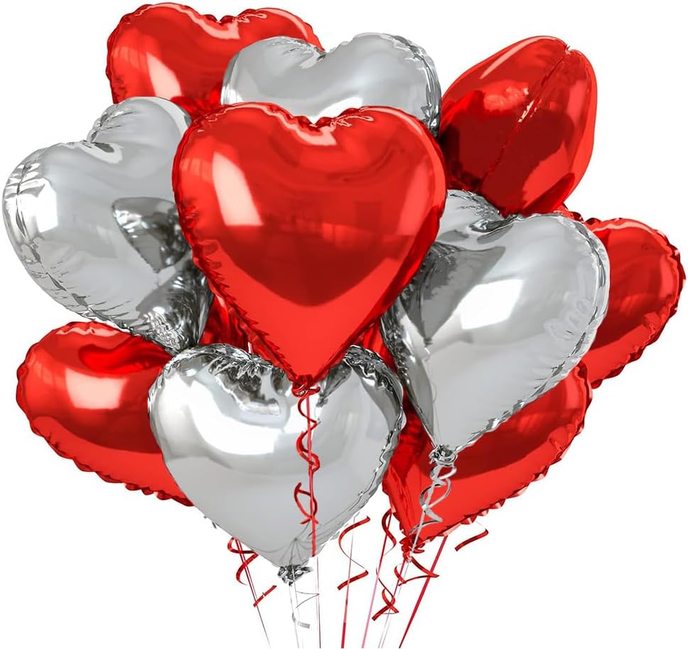Red And Silver Heart Foil Balloons&#xFF08;12 pcs &#xFF09;,18 Inch Silver And Red heart Mylar Shaped foil Love Balloon for Wedding Decoration Party Birthday Valentines Balloon