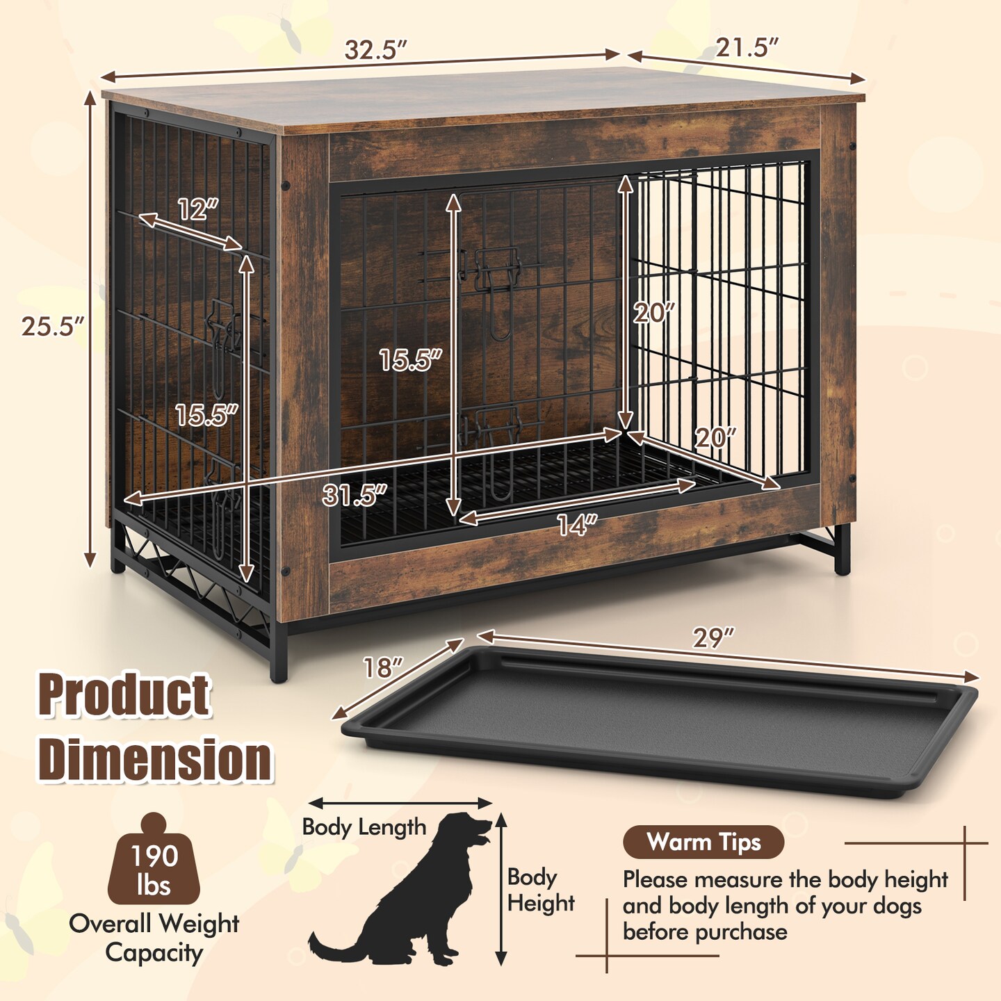 Rustic Brown MDF Metal Dog Crate Furniture with Dual Lockable Doors and Pull-Out Tray