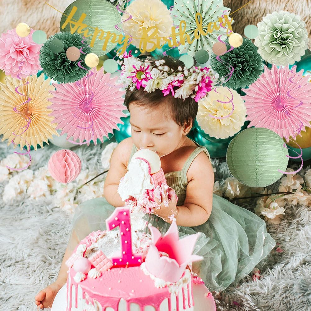 Sage Green and Pink Birthday Decorations for Women Cream Light Pink Paper Fans Tissue Paper Pom Poms Olive Green and Pink Birthday Decorations with Happy Birthday Banner Gold for Girls