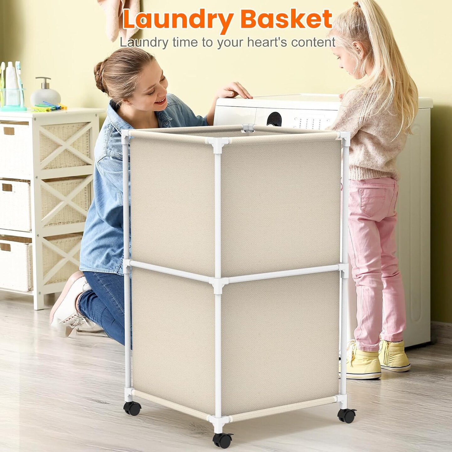 32Gal Large Laundry Hamper with Wheels - Rolling Clothes Basket, 120L Oxford Fabric Storage for Bedroom, Dorm, Laundry Room, Beige