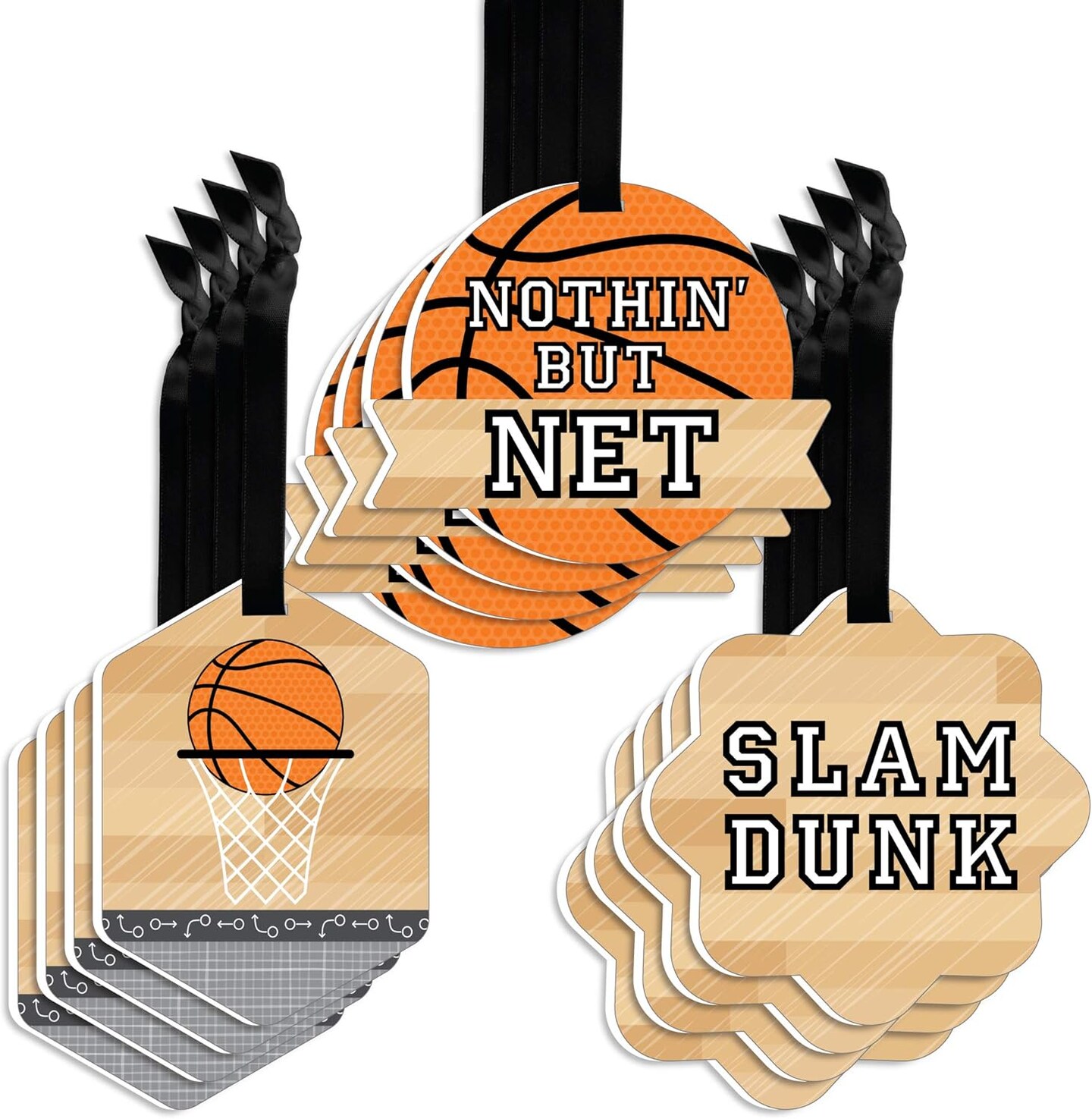 Nothin&#x2019; but Net - Basketball - Assorted Hanging Baby Shower or Birthday Party Favor Tags - Gift Tag Toppers - Set of 12