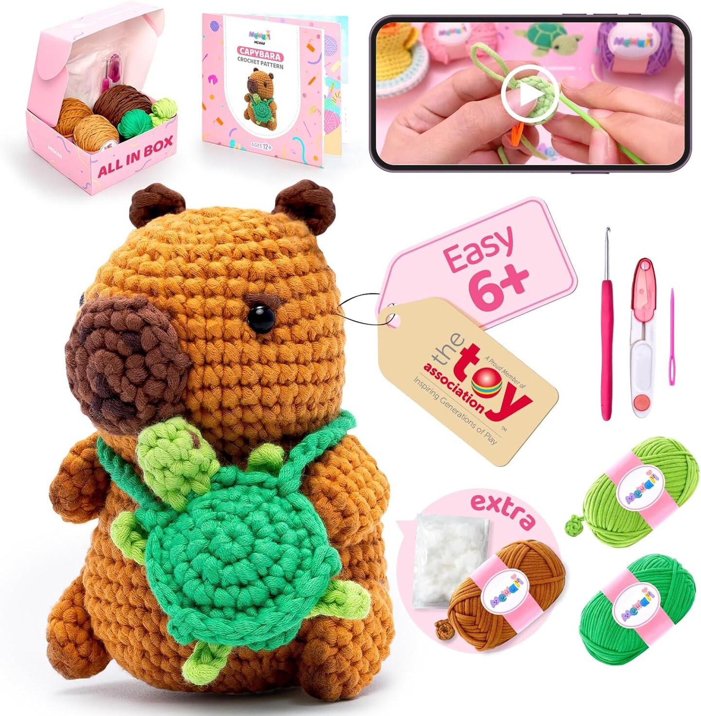Crochet Kit for Beginners Level 1 with 40% Extra Eco-Friendly Pre-Started Easy Yarn, Step-by-Step Video Tutorials for Adults and Kids (Capybara)