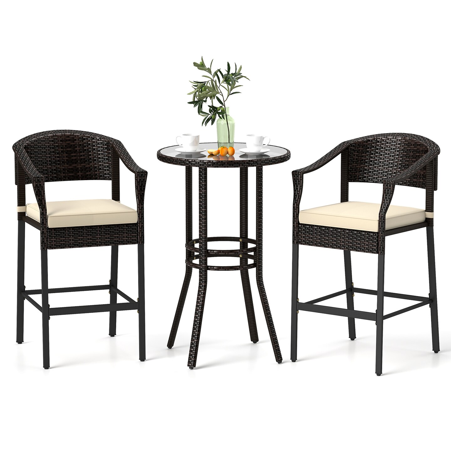 3-Piece Patio Rattan Bar Set with Round Glass Table-Top and 2 Armchairs