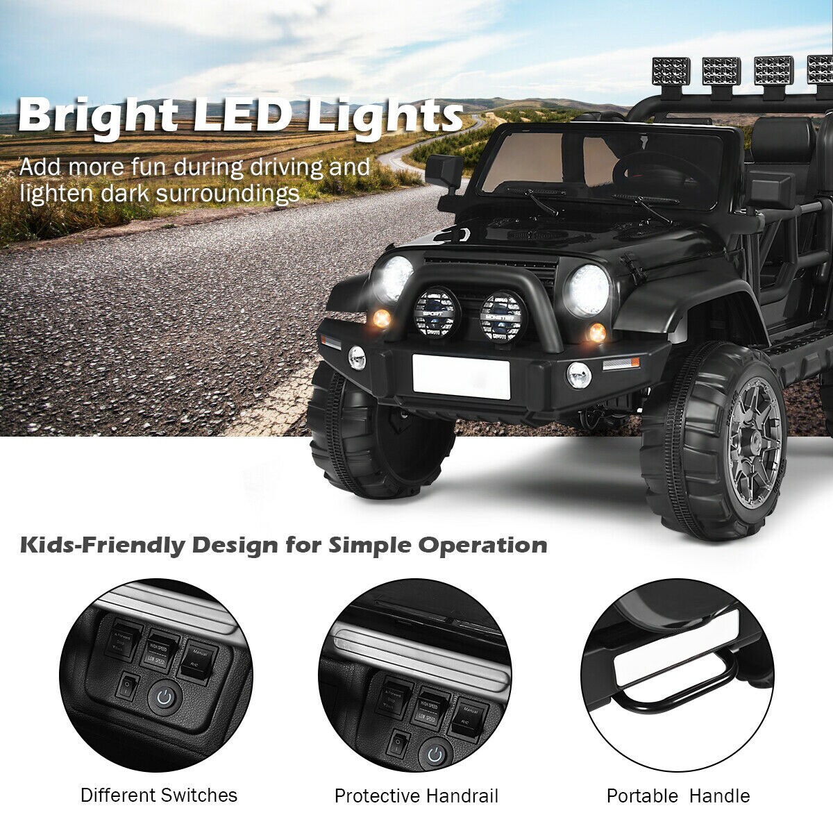 2-Seat Ride-On Car Truck with Remote Control, LED Lights, Music and Safety Features