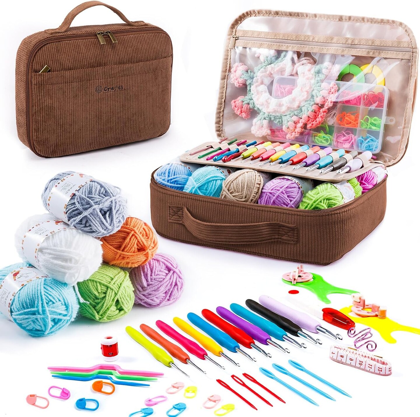 58-Piece Crochet Kit for Beginners – Includes 10 Hooks (2.0-6.0mm), 10 Skeins Yarn, Storage Bag