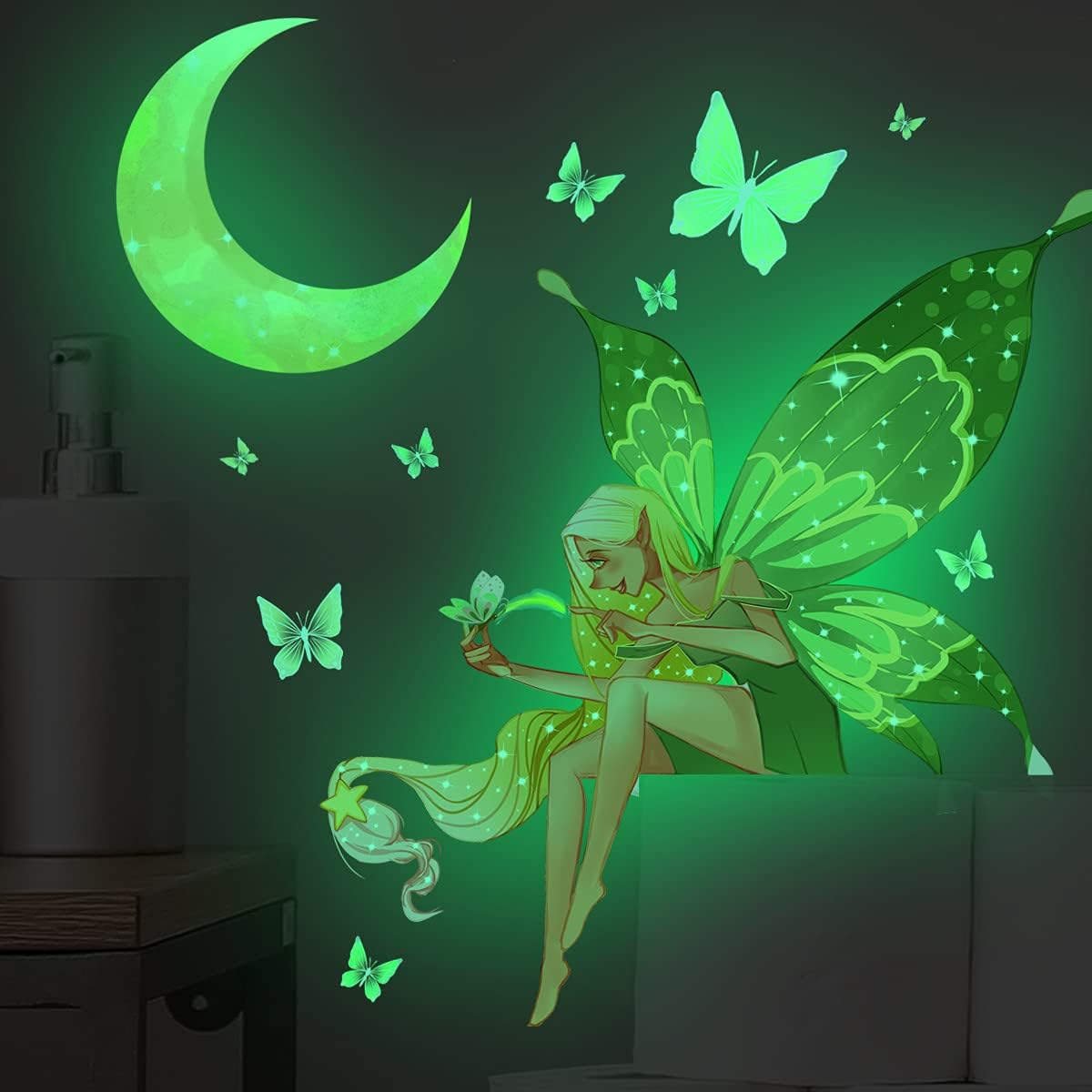 Glow in The Dark Butterfly Fairy Wall Sticker Luminous Moon Butterflys Wall Decals Cartoon Flower Fairy Princess Wall Stickers for Girls Bedroom Nursery Living Room Classroom Ceiling Decor Kids Gift