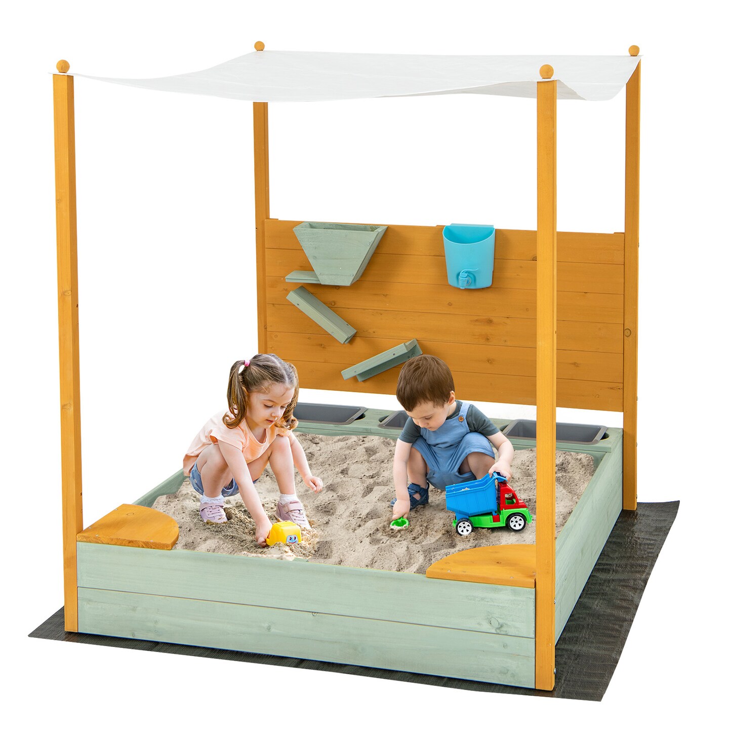 Wooden Sandbox with Sand Wall &#x26; Canopy for Kids 47x42