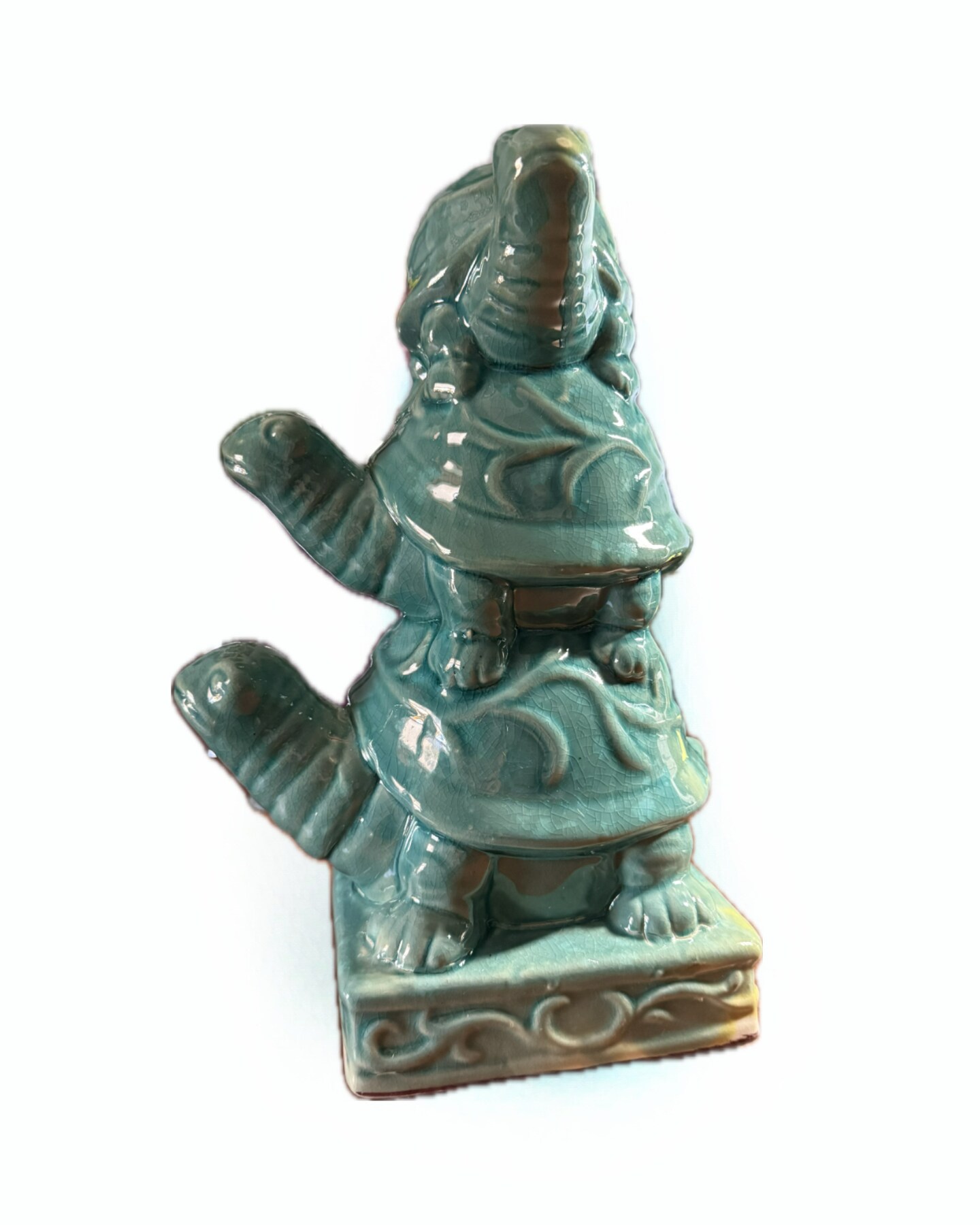 11 1/2 Inch Tall Turquoise Blue Ceramic Stacked Turtles Statue
