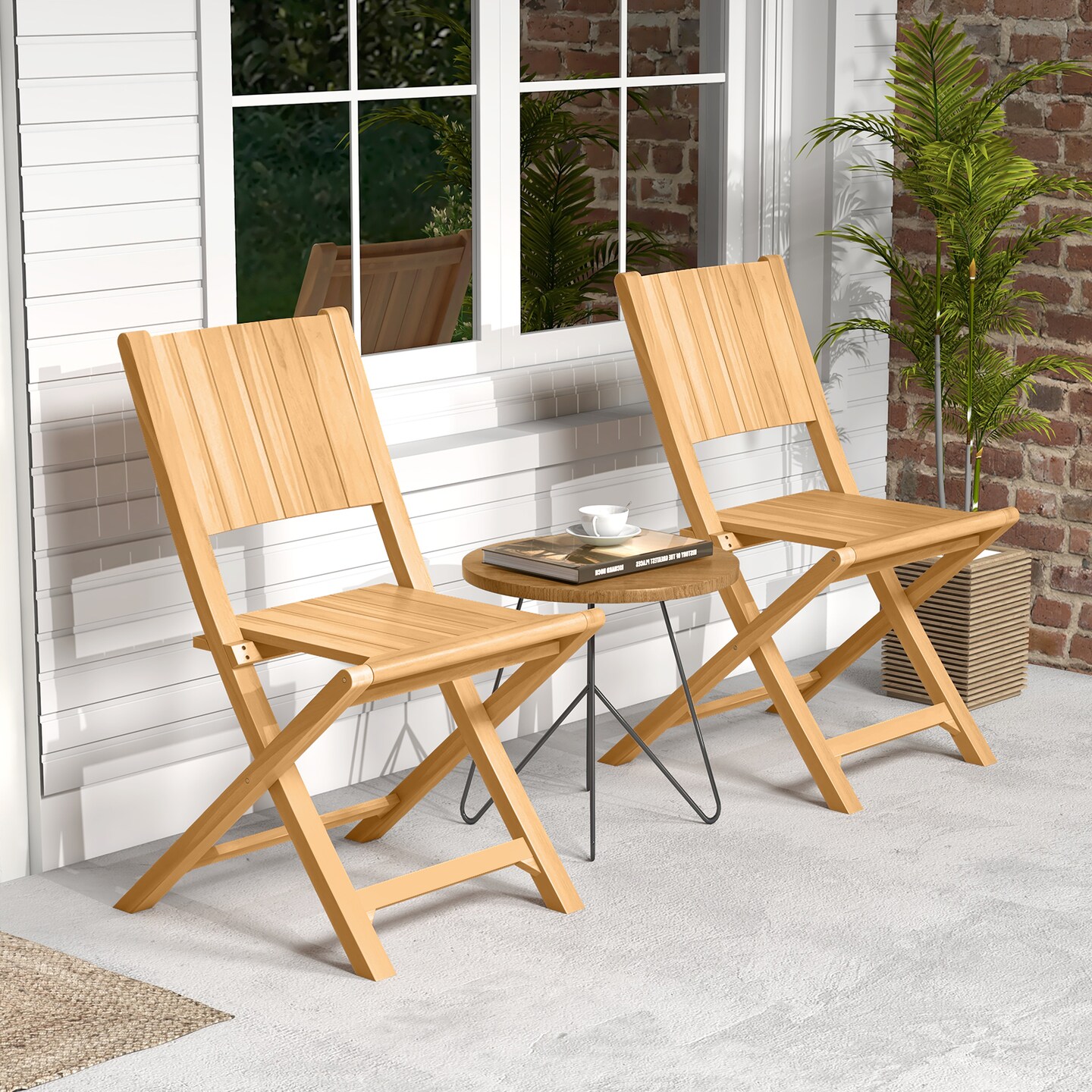 Set of 2 Teak Wood Patio Foldable Dining Chairs with Slatted Surface Perfect for Outdoor Use