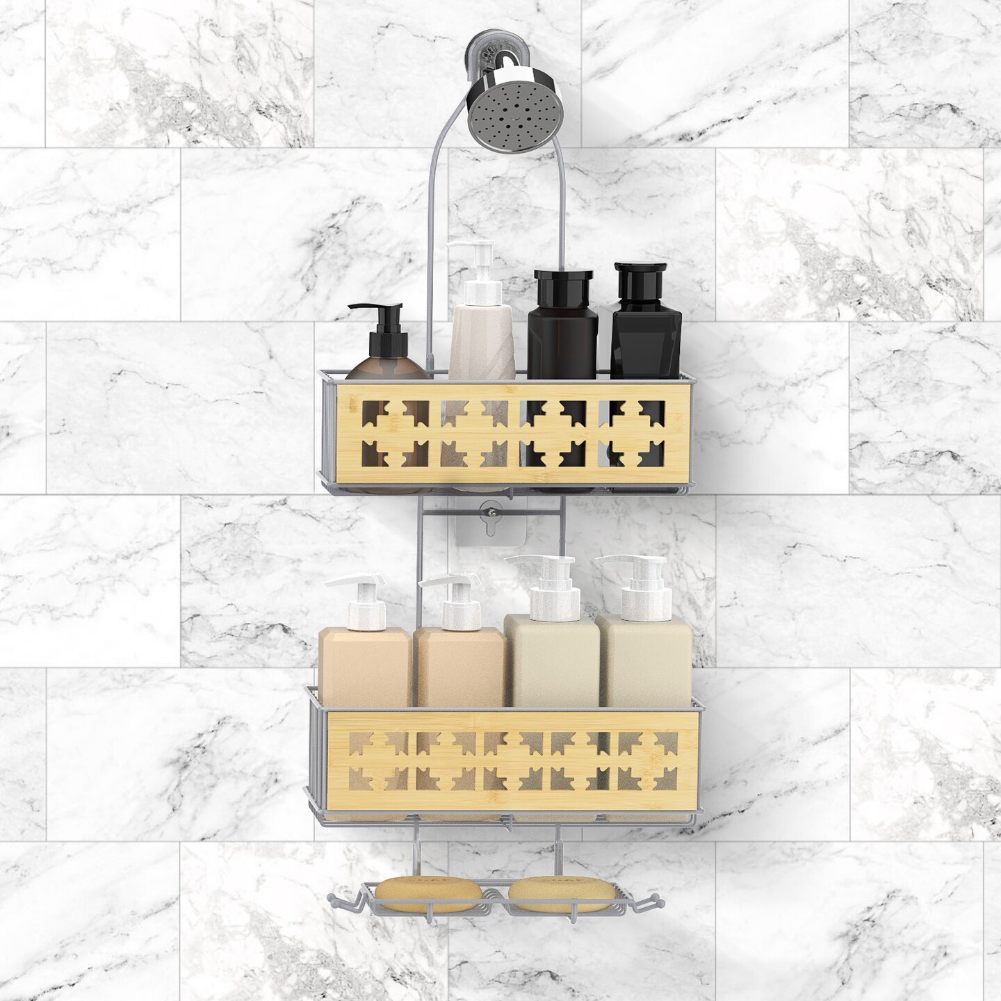 3-Tier Hanging Shower Caddy Over Shower Head – Rustproof Bathroom Organizer with Soap Holder, Bamboo Board & Hooks, No-Drill Installation (28.7"H, 40 lb Capacity)