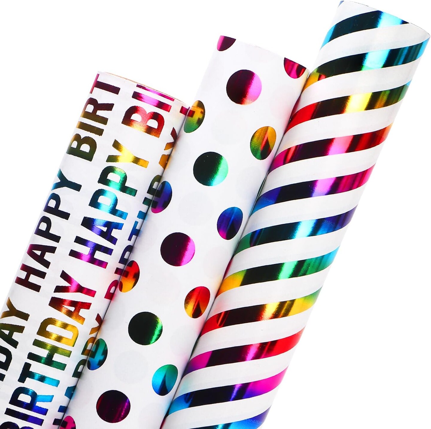 Iridescent Birthday Wrapping Paper Mini Rolls – 3-Pack Happy Birthday Designs with Polka Dots & Stripes, 17” x 10 ft Each (Iridescent)