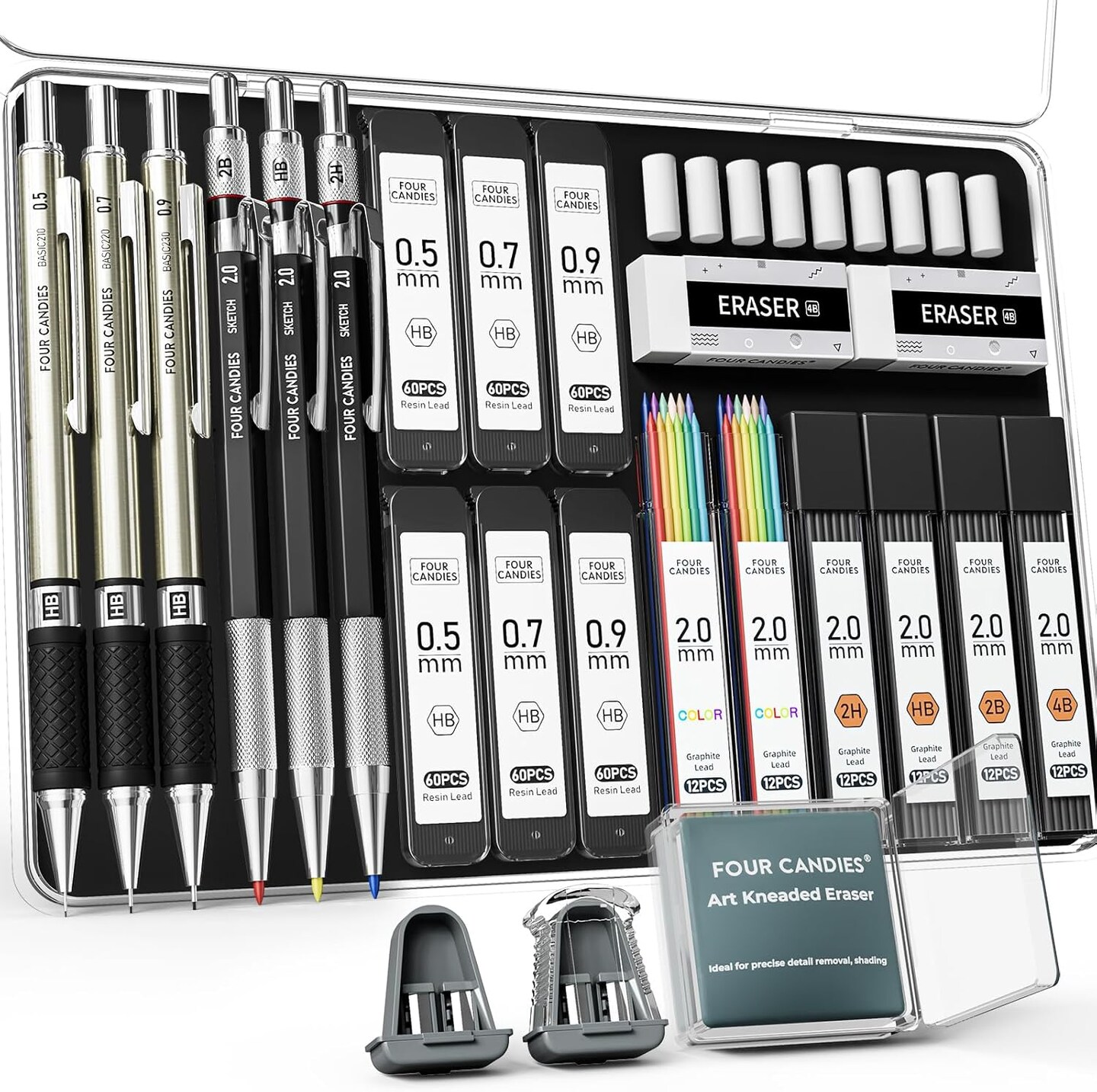 25PCS Art Mechanical Pencil Set with Case, 3PCS Metal Artist Lead Pencil 0.5, 0.7, 0.9 mm &#x26; 3PCS 2mm Holder (HB 2H 2B 4B Color) with 432PCS Graphite Lead Refills for Drawing Sketching