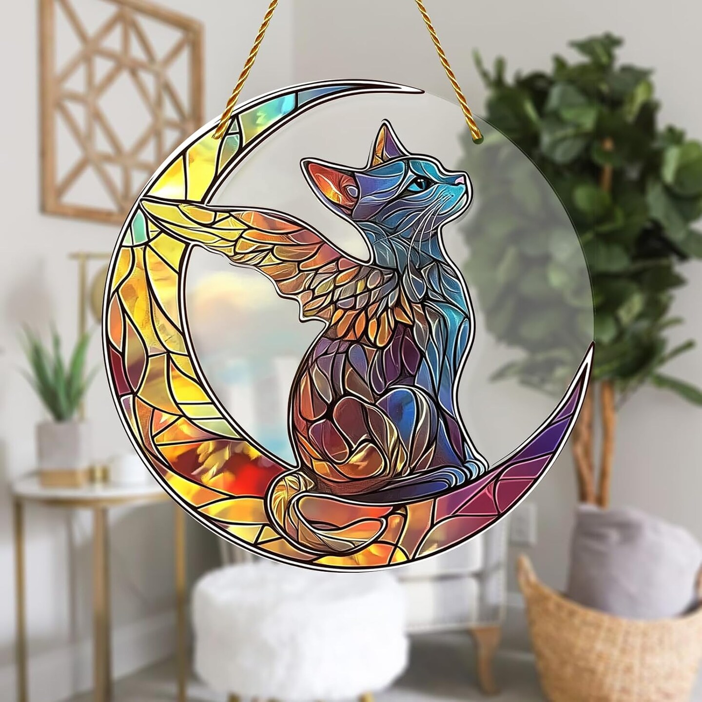 Summer Charming Cat Angel Acrylic Stained Glass Window Hanging Sun Catcher Decor Stained Panel Hangings Wall Art Decor, for Friends and Family (Cat Angel)