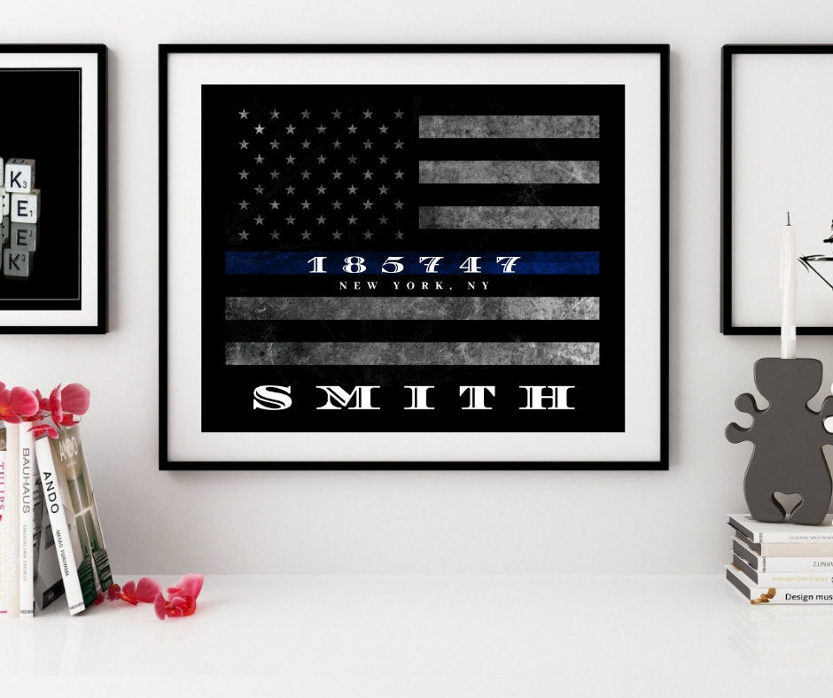 Police Officer Thin Blue Line Flag Picture Frame Art