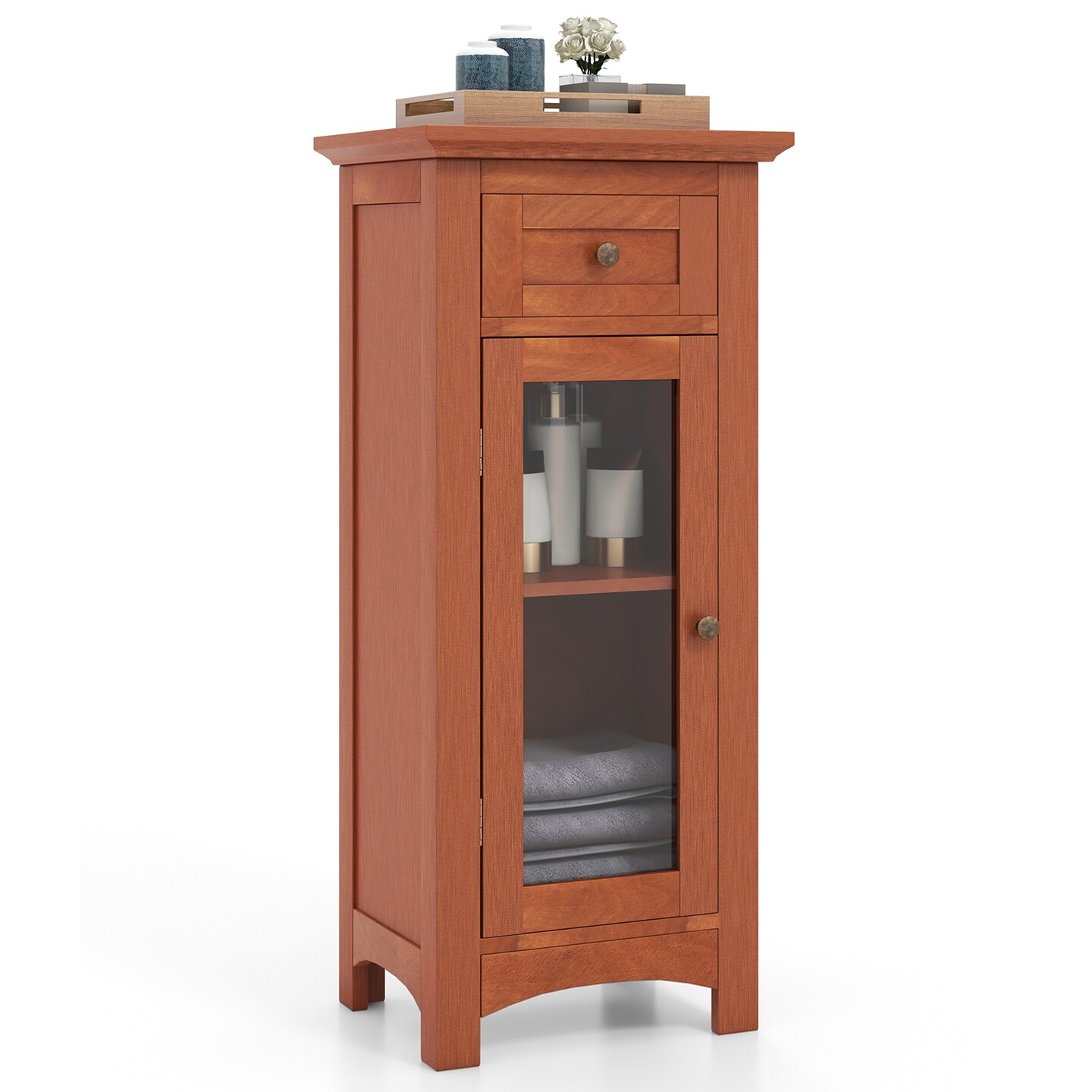 MDF Storage Cabinet with Glass Door, Drawer and Adjustable Shelf