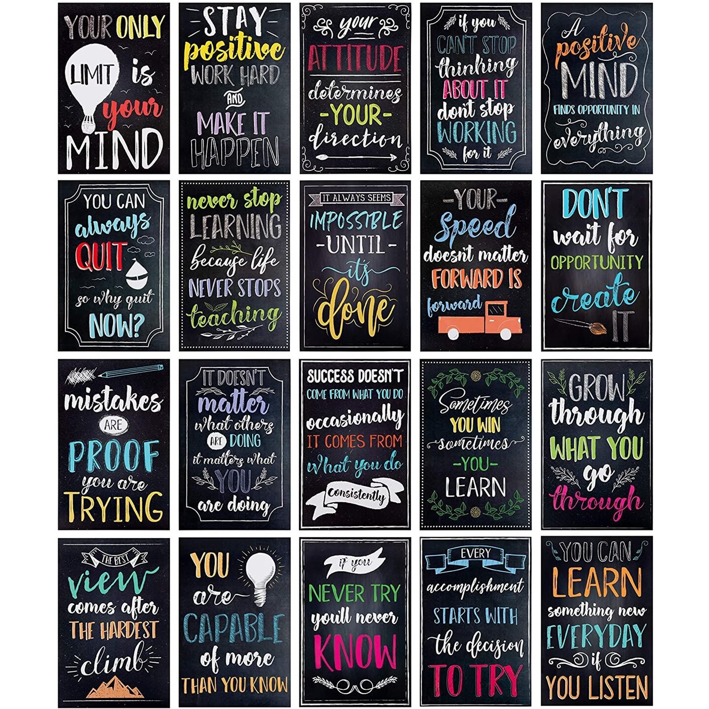 20 Pack Motivational Posters with Positive Quotes for Middle and High School Classrooms, Bulletin Boards, and Gifts, Inspirational Growth Mindset Posters (13 x 19 In)