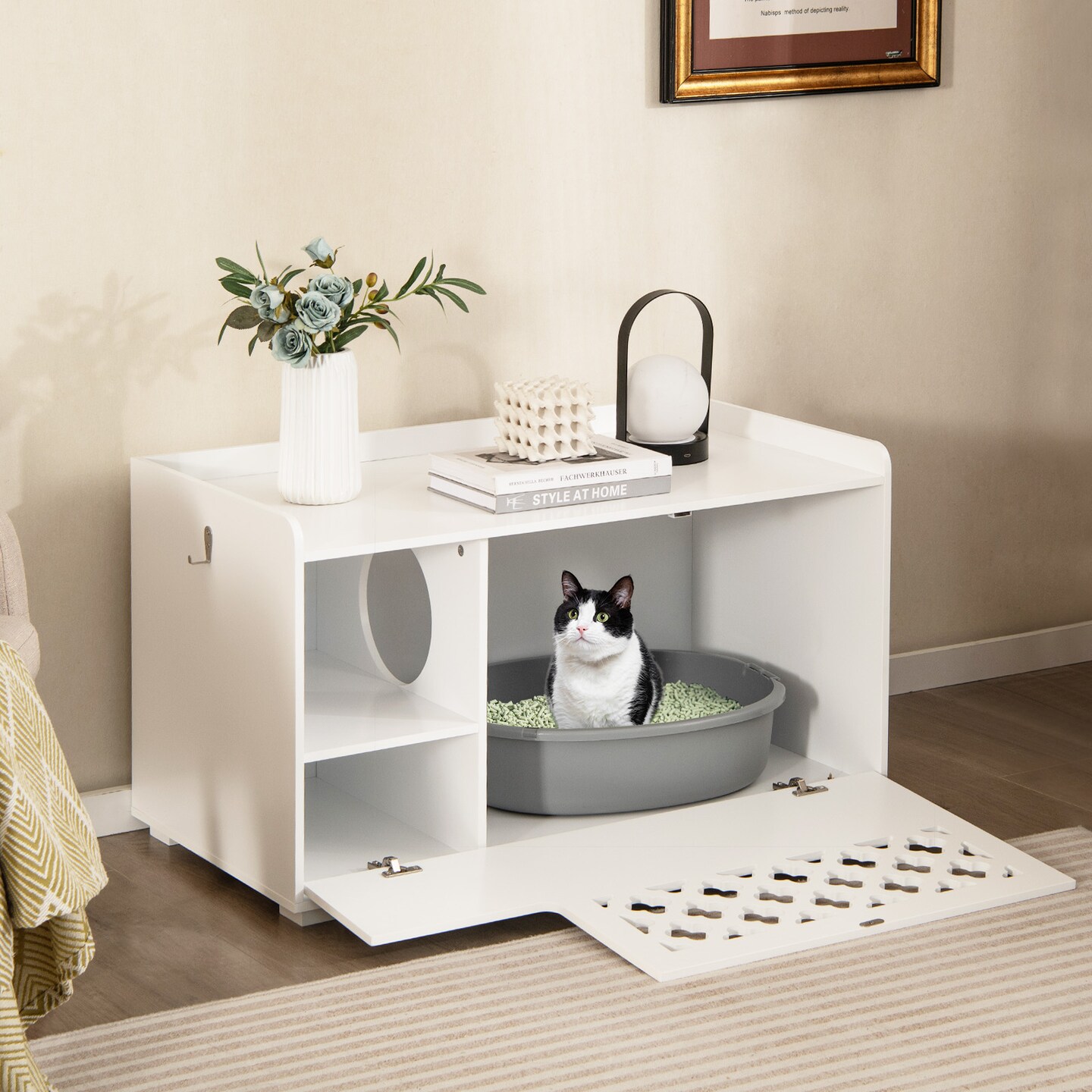 White 4-in-1 Cat Litter Box Enclosure with Removable Cushion and Front Flip Door