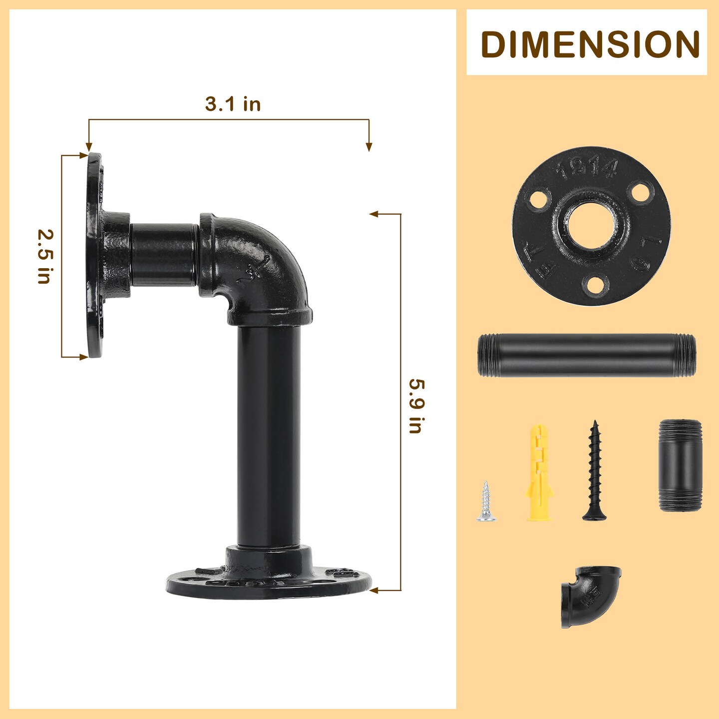 Set of 4 Industrial Pipe Shelf Brackets &#x2013; Heavy Duty Wall-Mounted Floating Shelves for Kitchen, Bathroom, Office &#x2013; Rustic DIY Storage (Black Steel, 5.9&#x22; Arm)