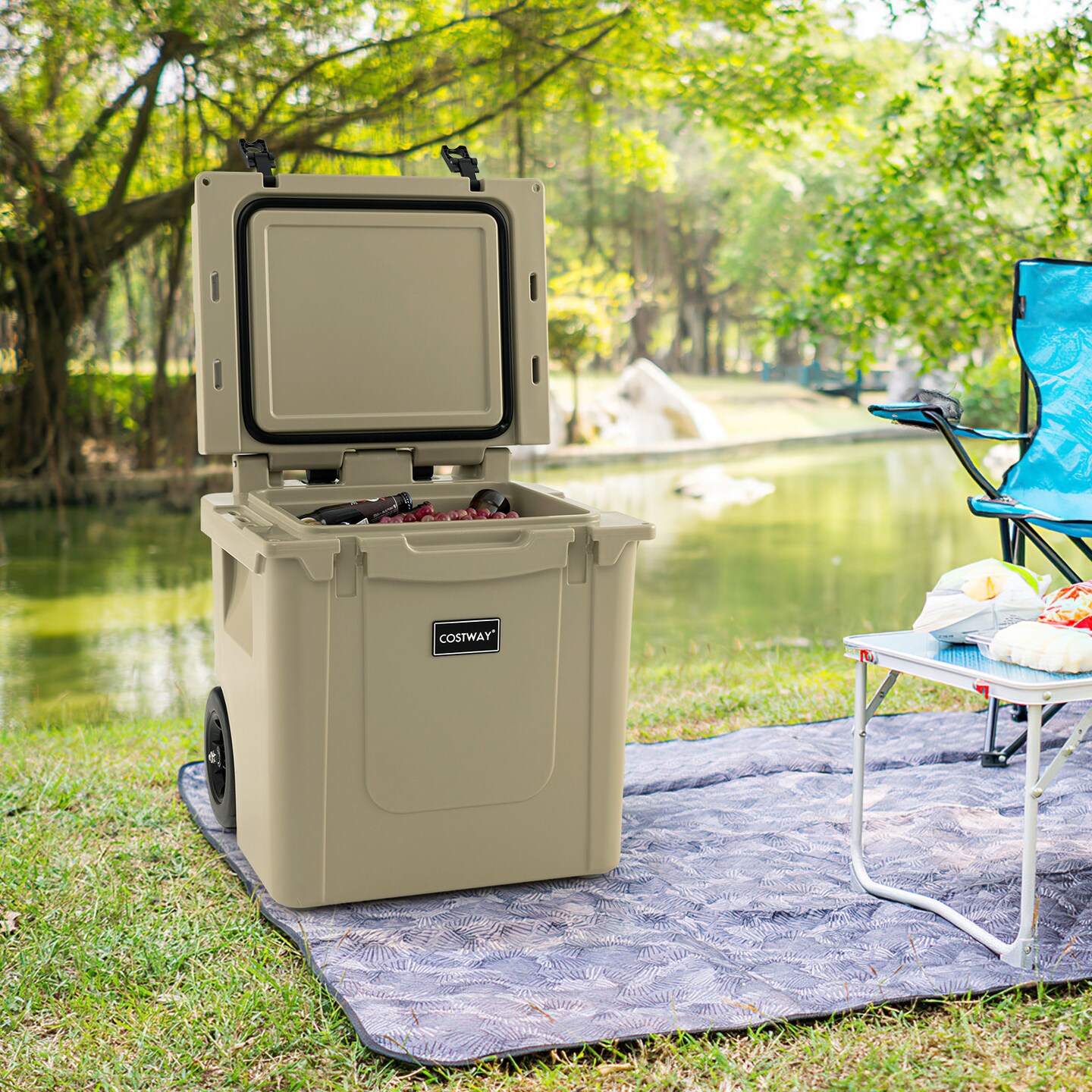 Sand 45 Quart Cooler Towable Ice Chest with 3-Position Adjustable Handle and Smooth-Moving Wheels
