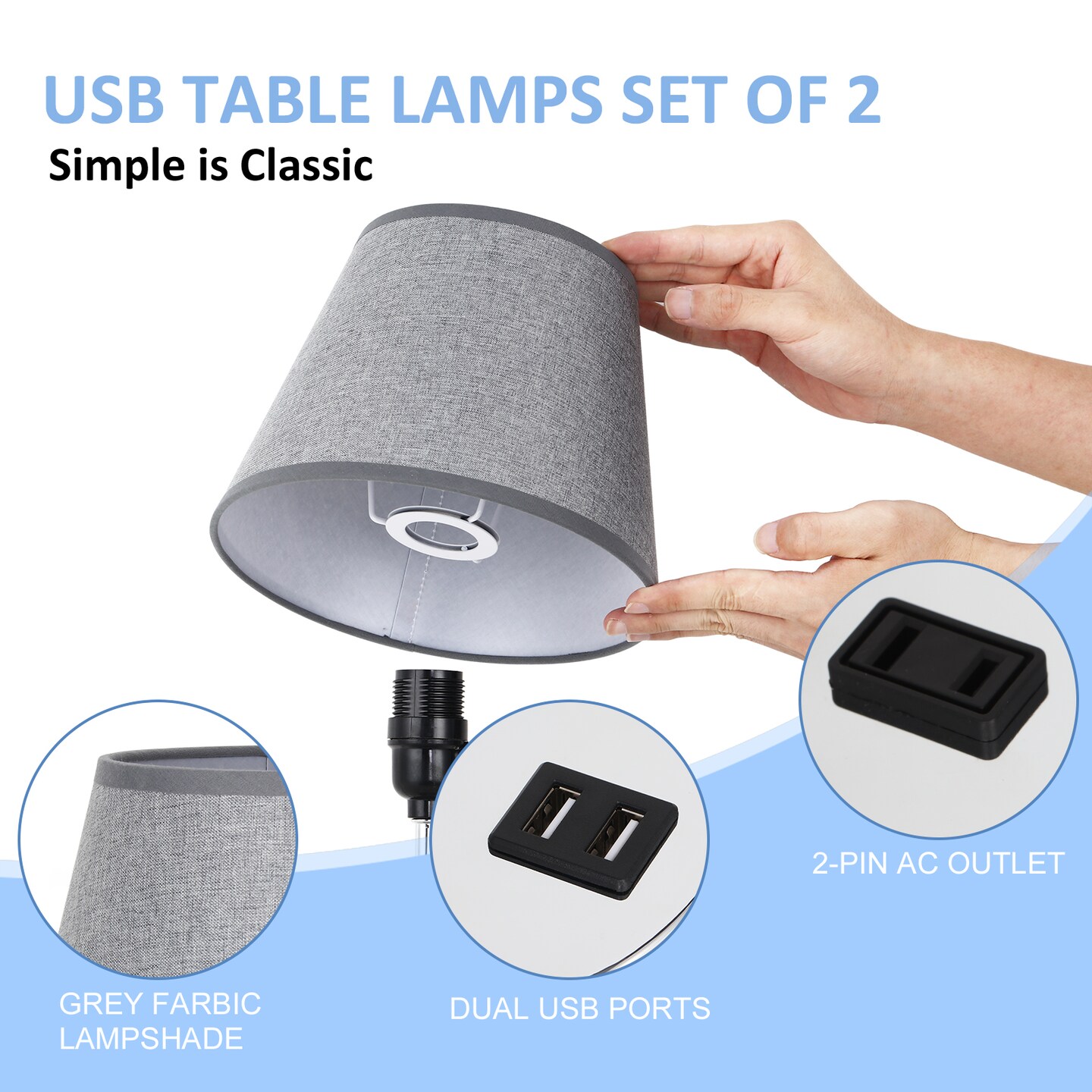 Set of 2 Grey Shade Silver Base Bedside Lamps – Modern Nightstand Table Lamps for Bedroom, Office, or Dorm