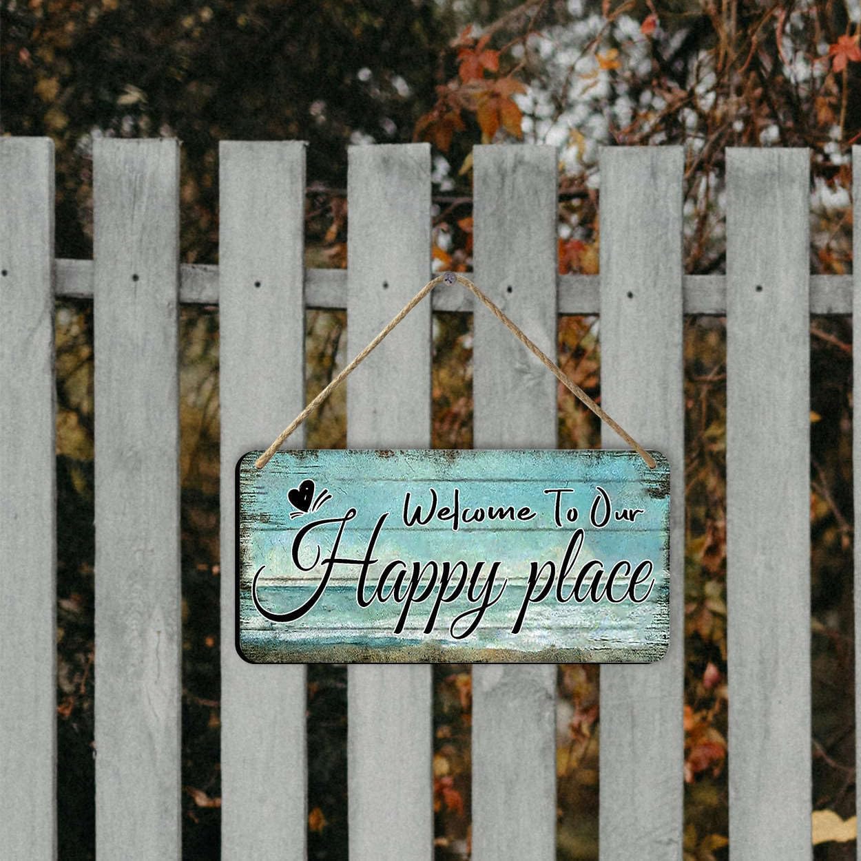 Welcome To Our Happy Place Sign Personalized Front Door Signs For Home Decor Wooden Hanging Sign Beach Signs Patio Wall Decor Summer Wood Porch Sign House Welcome Door Sign 6x12 Inch