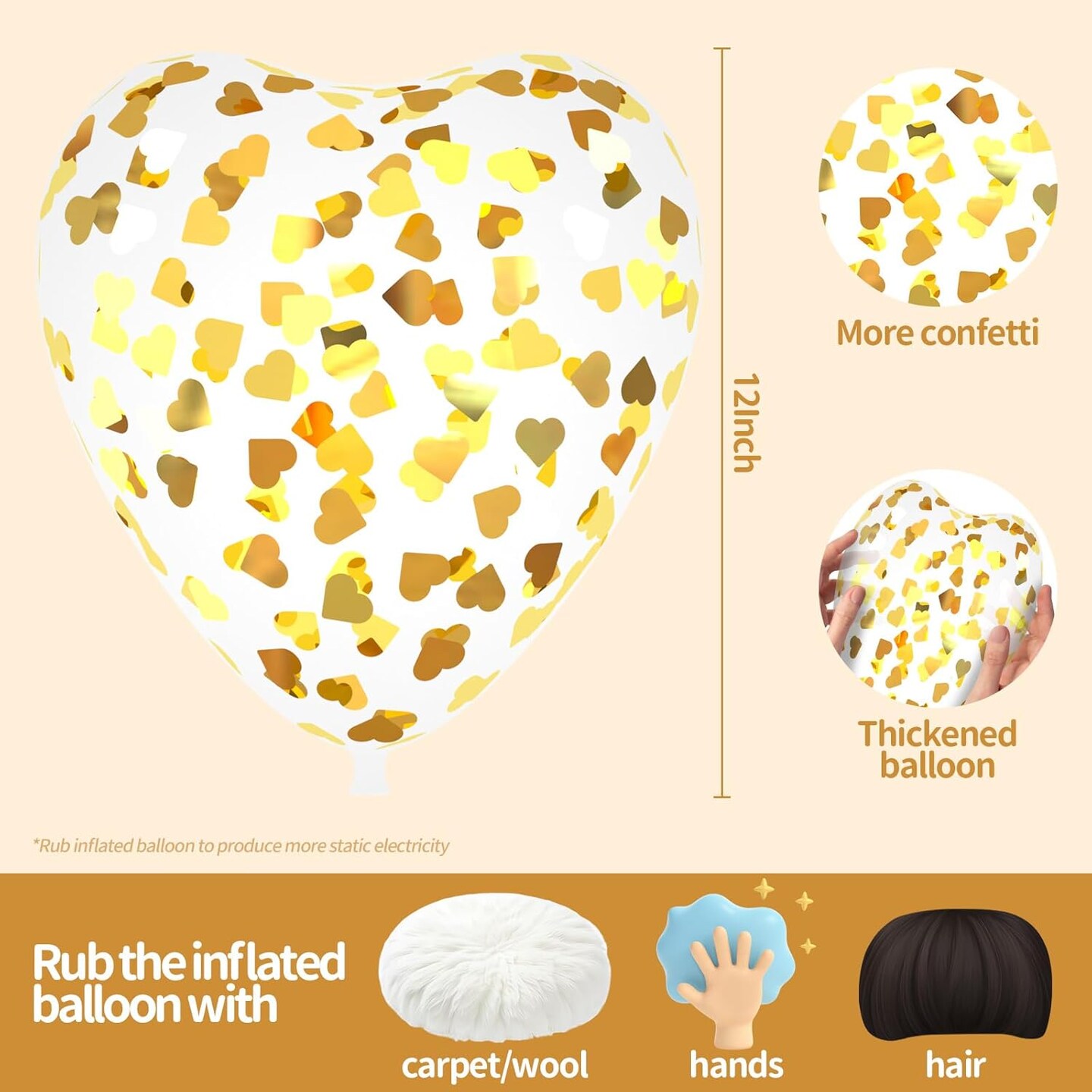 Gold Heart Confetti Balloons 30 Pcs, 12 Inch Clear Heart Latex Balloon with Heart Confetti Inside for Wedding Anniversary Birthday Party Valentine Baby Shower Bridal Shower Decorations Supplies